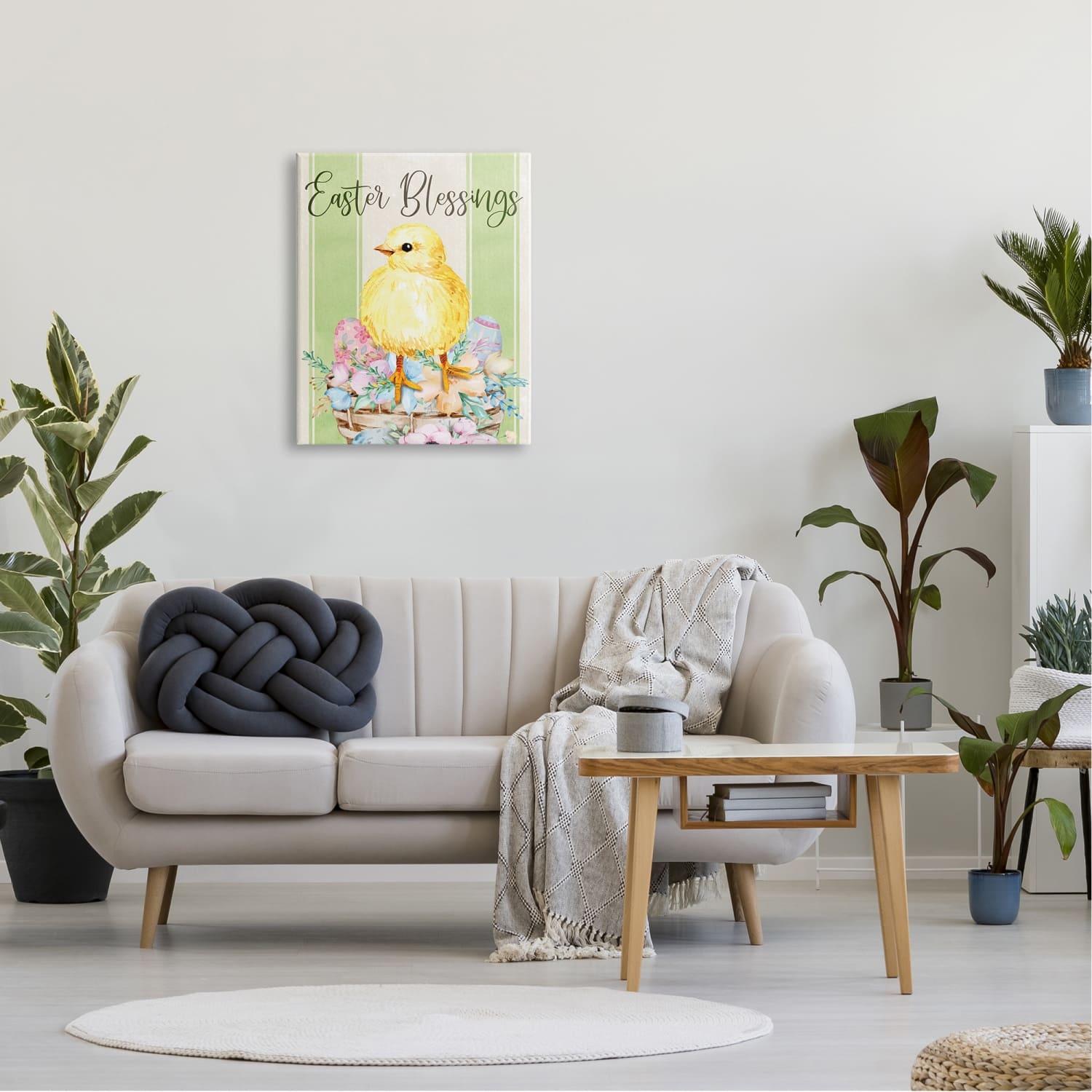 Stupell Industries Easter Blessings Text Striped Yellow Chick Egg Basket Canvas Wall Art
