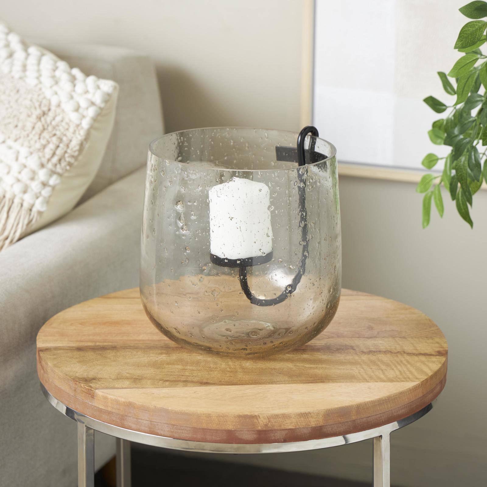 10.25" Clear Glass Candle Holder with Black Metal Accents and Brown Speckles