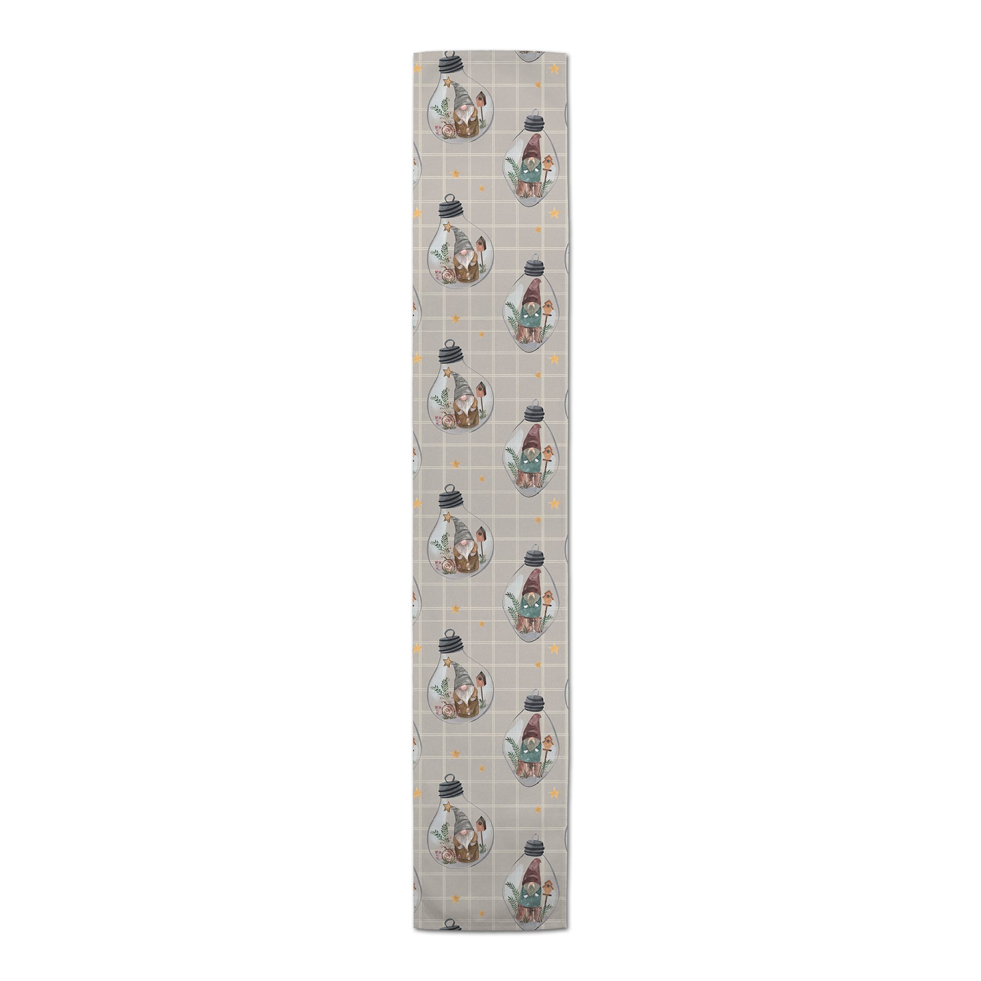 90" Gray & White Check Gnome Globe Pattern Cotton Twill Runner