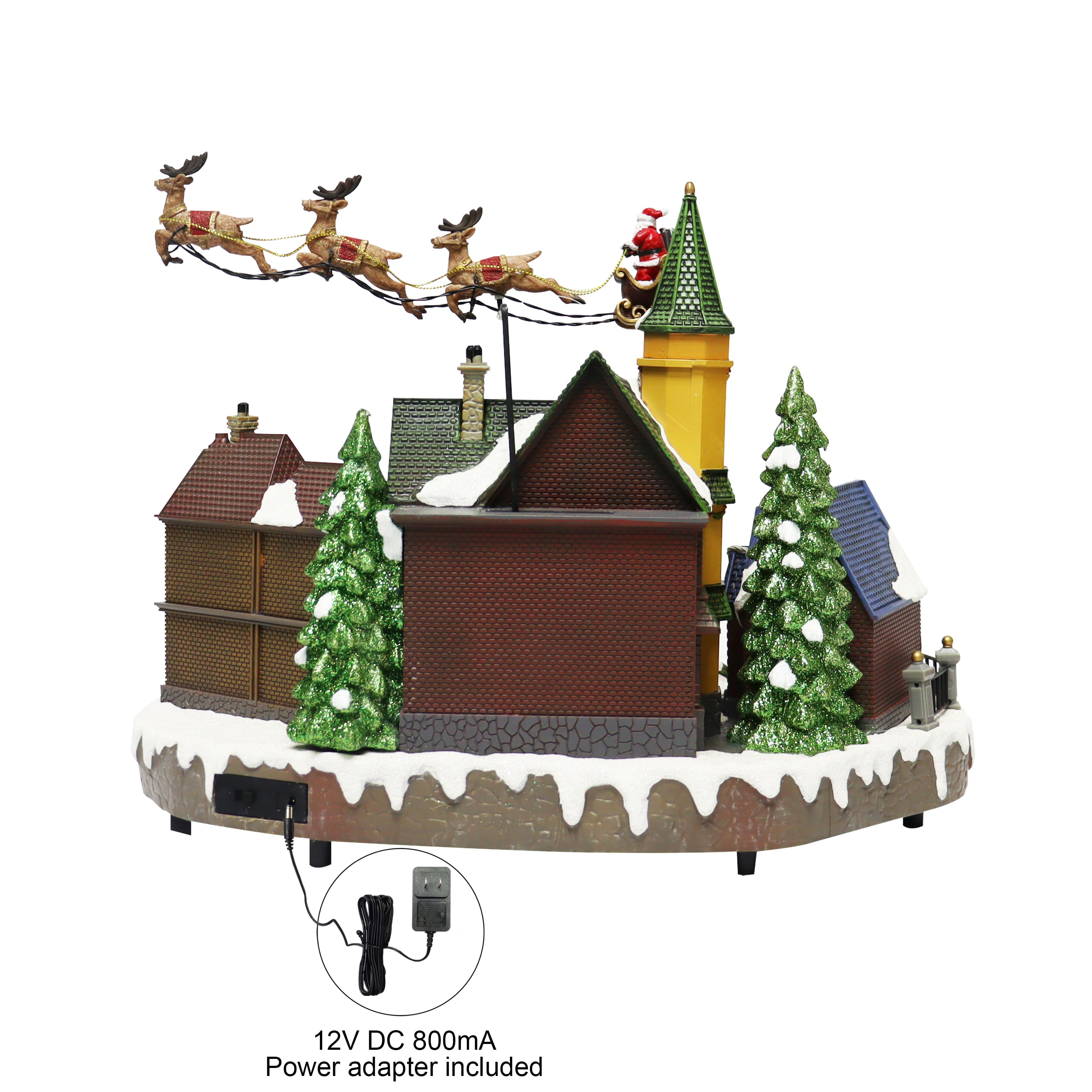 Moments in Time 12.8" Animated Santa Riding Sleigh Flying Over Town Center Décor