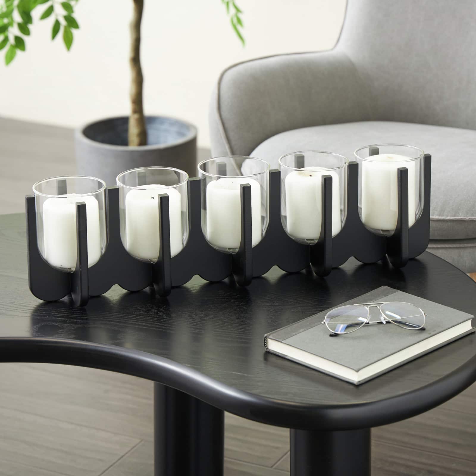 23.25" Black Wood Hurricane 5‑Slot Decorative Candle Holder