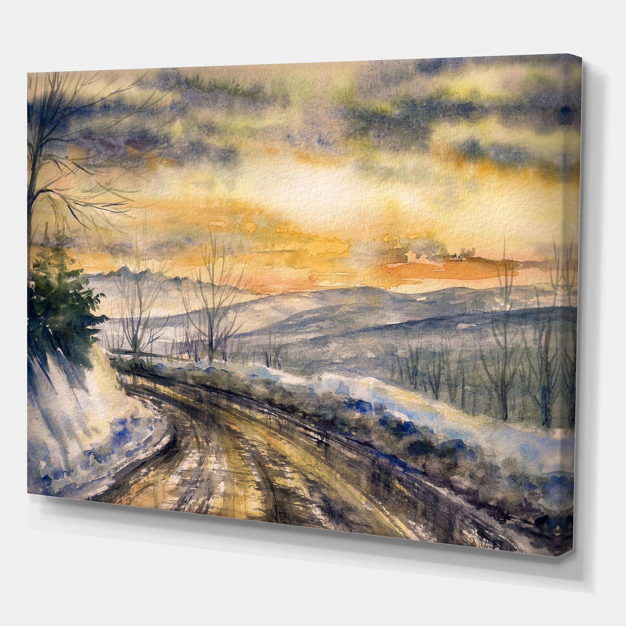 Designart - Winter Landscape With Road Under Bright Sunset - Traditional Canvas Wall Art Print