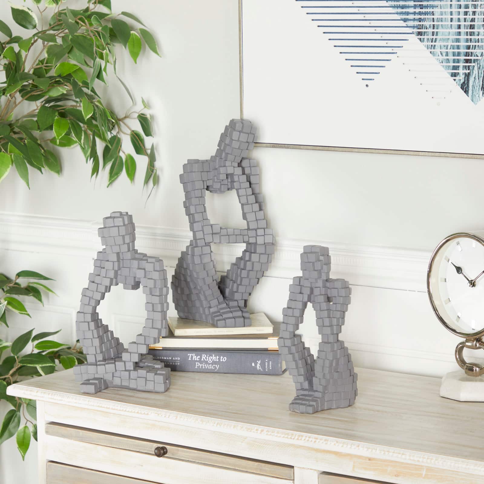 Set of 3 Grey Polystone Contemporary Sculptures, 13" x 6" x 6"