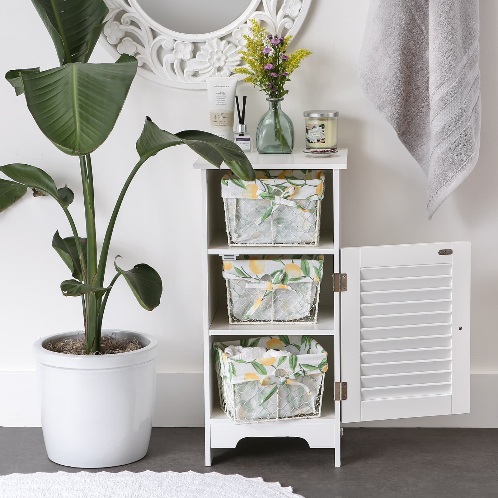 DII® Small Antique White Chicken Wire Baskets with Lemon Print Liners, 3ct.