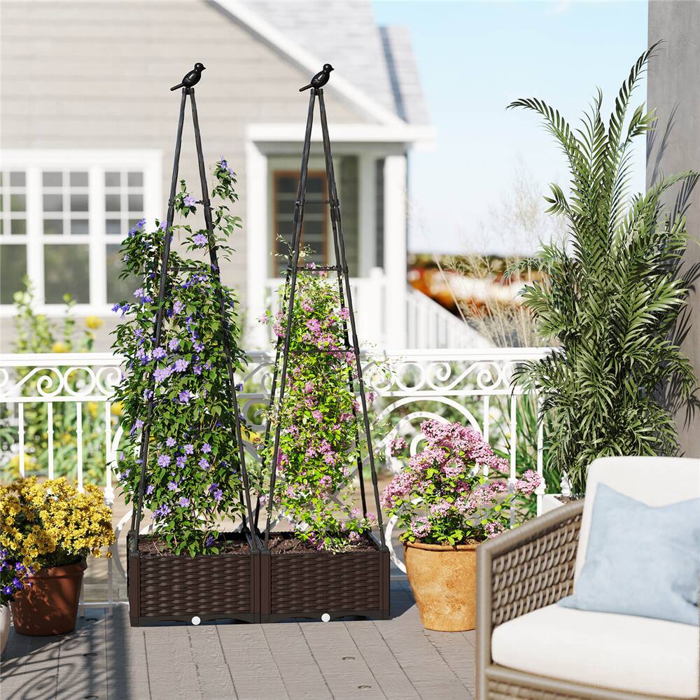 Costway Raised Garden Bed with Plant Box & Obelisk Trellis Lockable Wheels Cage Planter Set