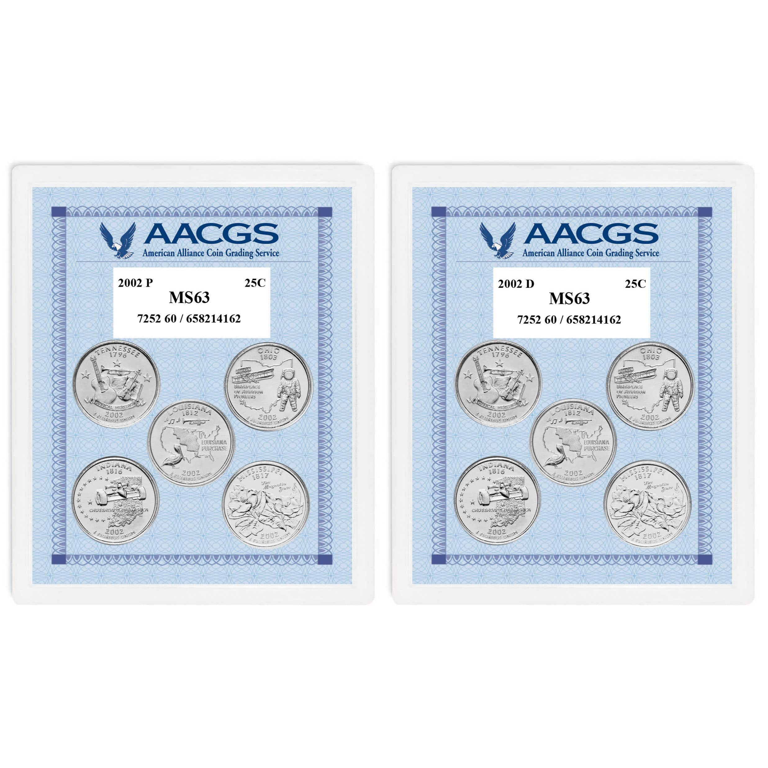 2002P & 2002D Statehood Quarters Graded MS63 Brilliant Uncirculated 