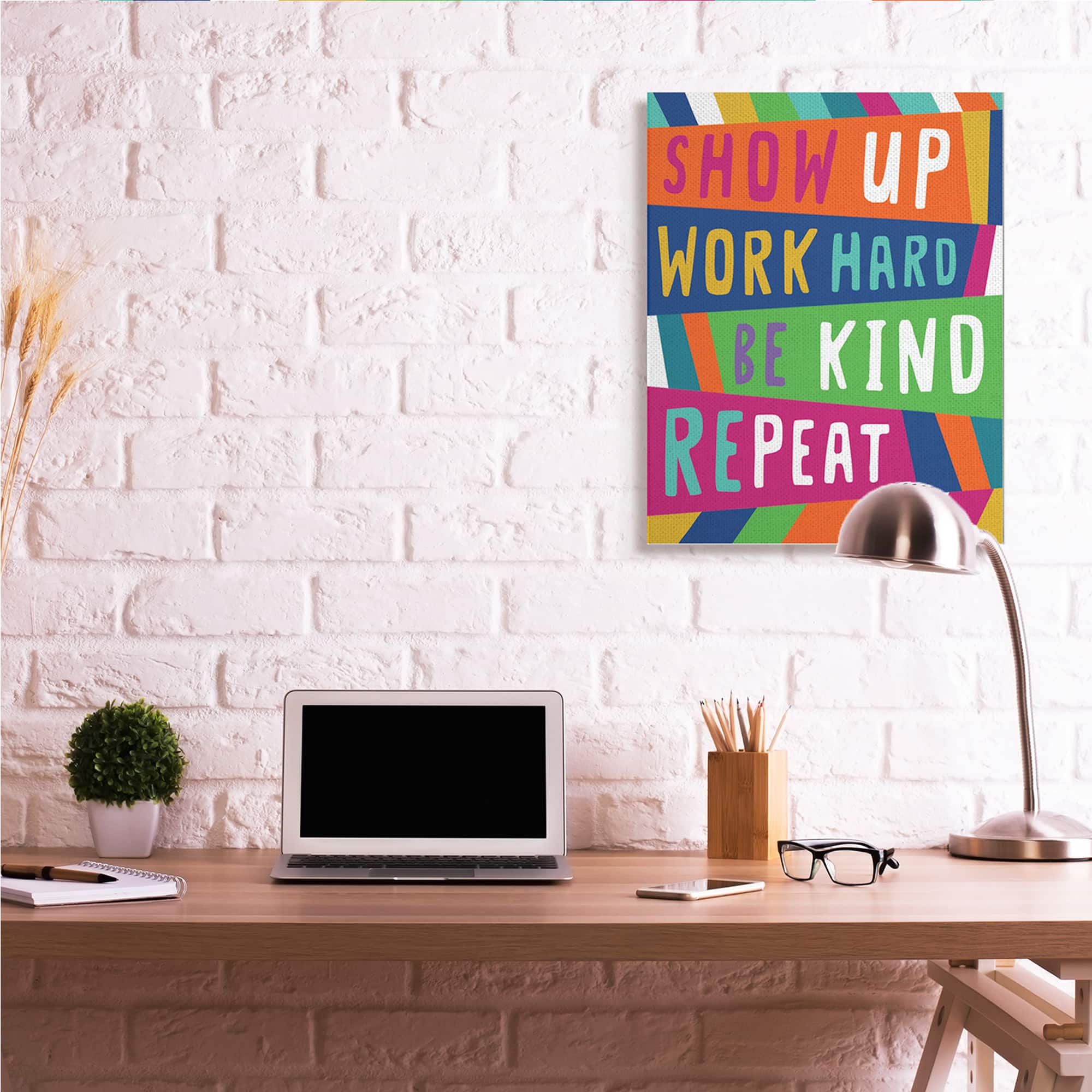 Stupell Industries Show Up Work Hard Phrase Pop Stripe Pattern Canvas Wall Art