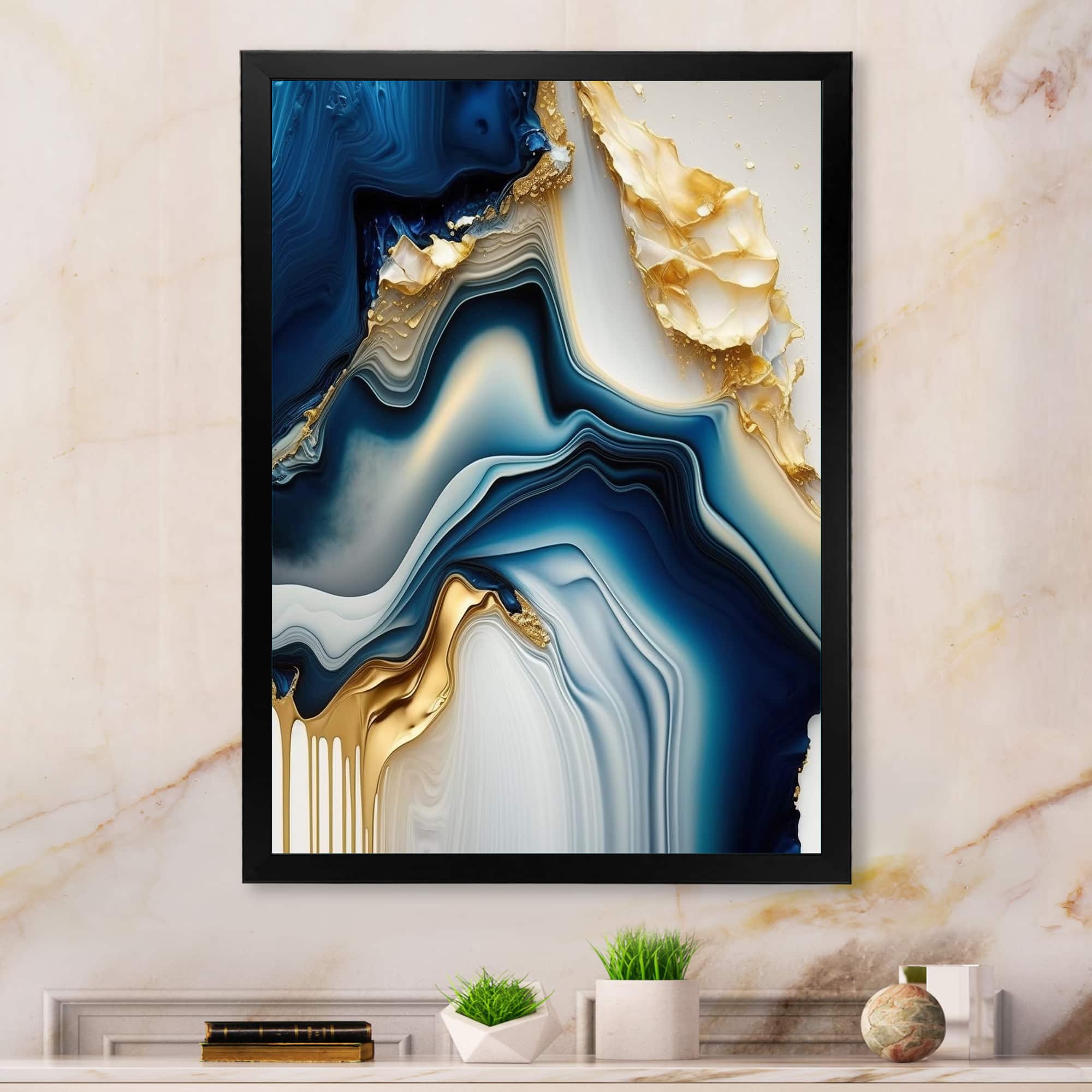 Designart 'Abstract Geode Gold And Blue Marble II' Marble Abstract Framed Canvas Wall Art