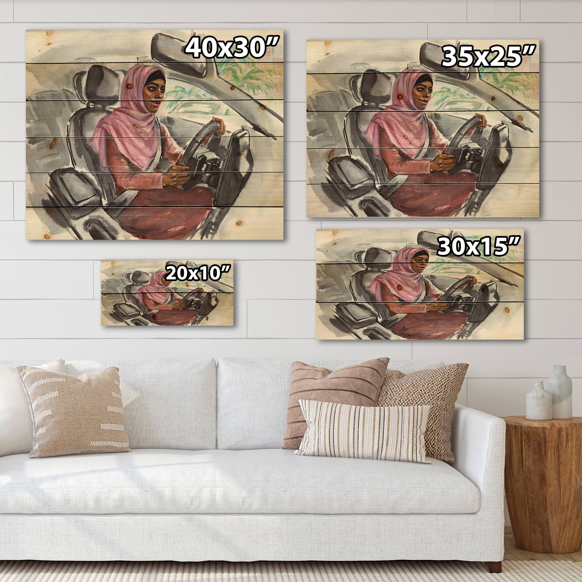 Designart - Arabian Woman Driving A Car III - Modern Print on Natural Pine Wood