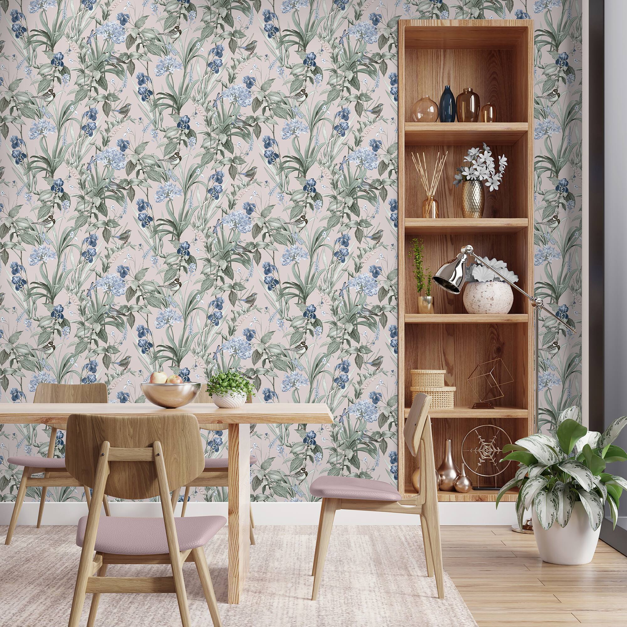 Designs Direct Mint Birds & Dragonflies Botanical Wallpaper