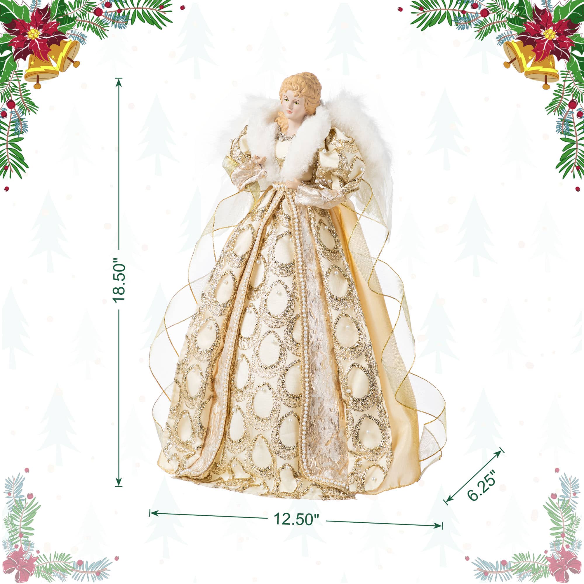 Glitzhome® 18.5"H Faux Fur & PVC Christmas Elegant Angel Tree Topper with Porcelain Face
