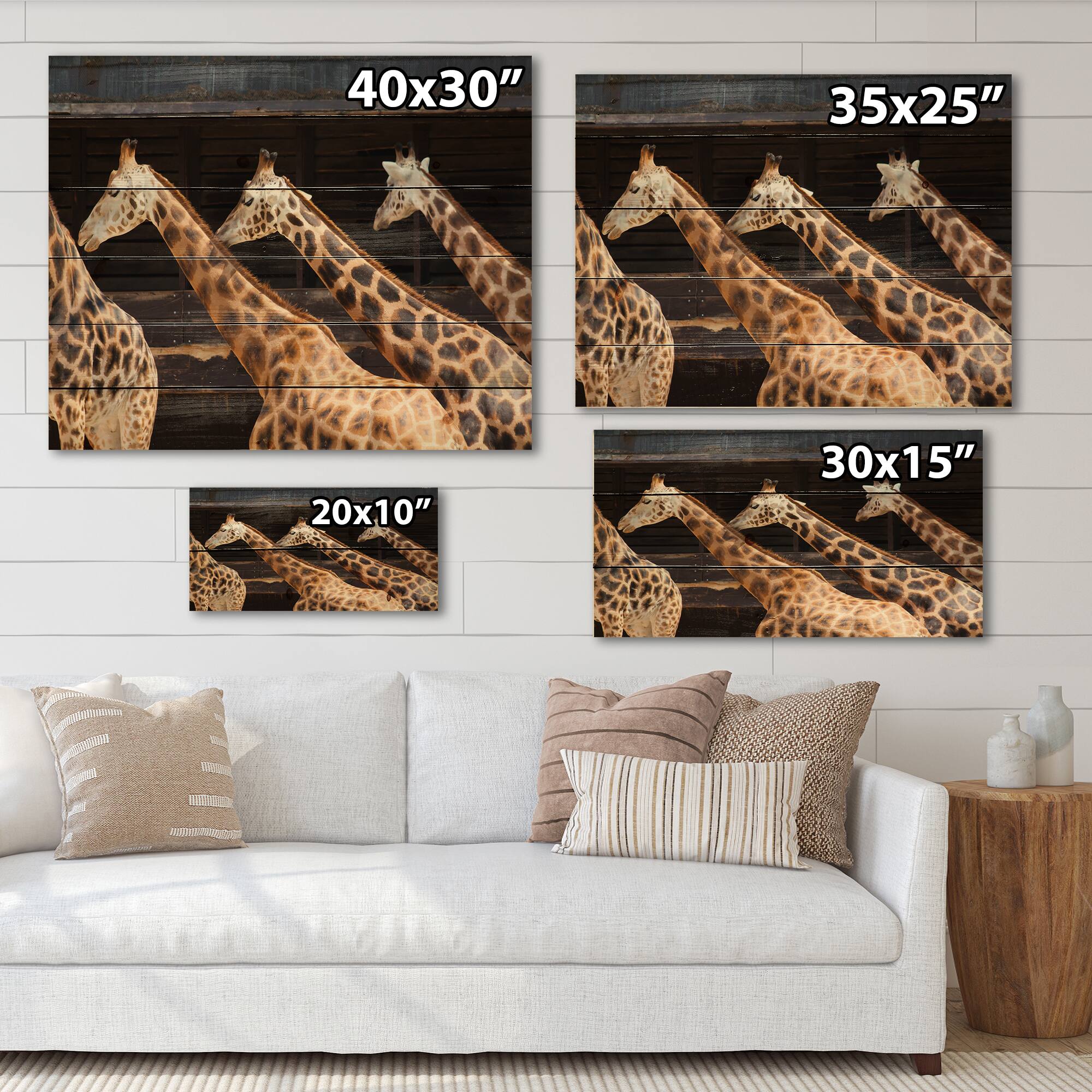 Designart - Three Giraffes Running - Farmhouse Print on Natural Pine Wood