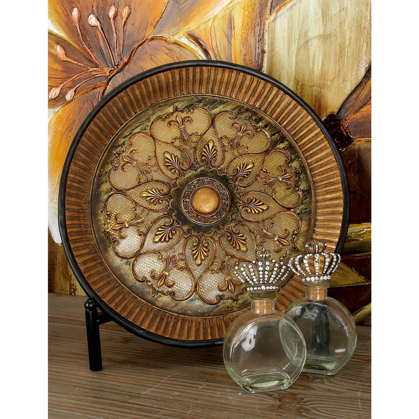 16" Gold Polystone Traditional Decorative Plate with Stand