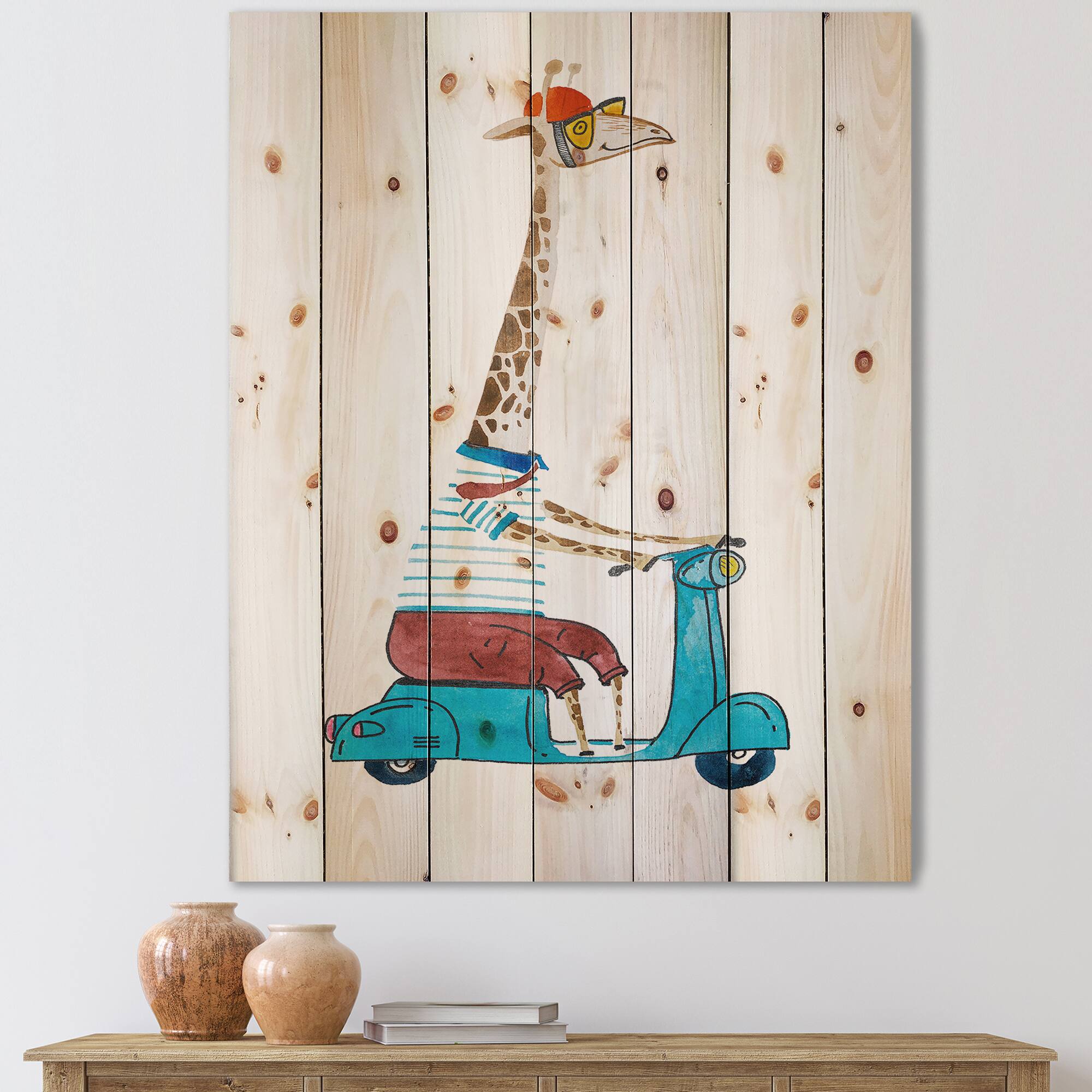 Designart - Giraffe Dressed Up Wearing Helmet & Riding Scooter - Children's Art Print on Natural Pine Wood