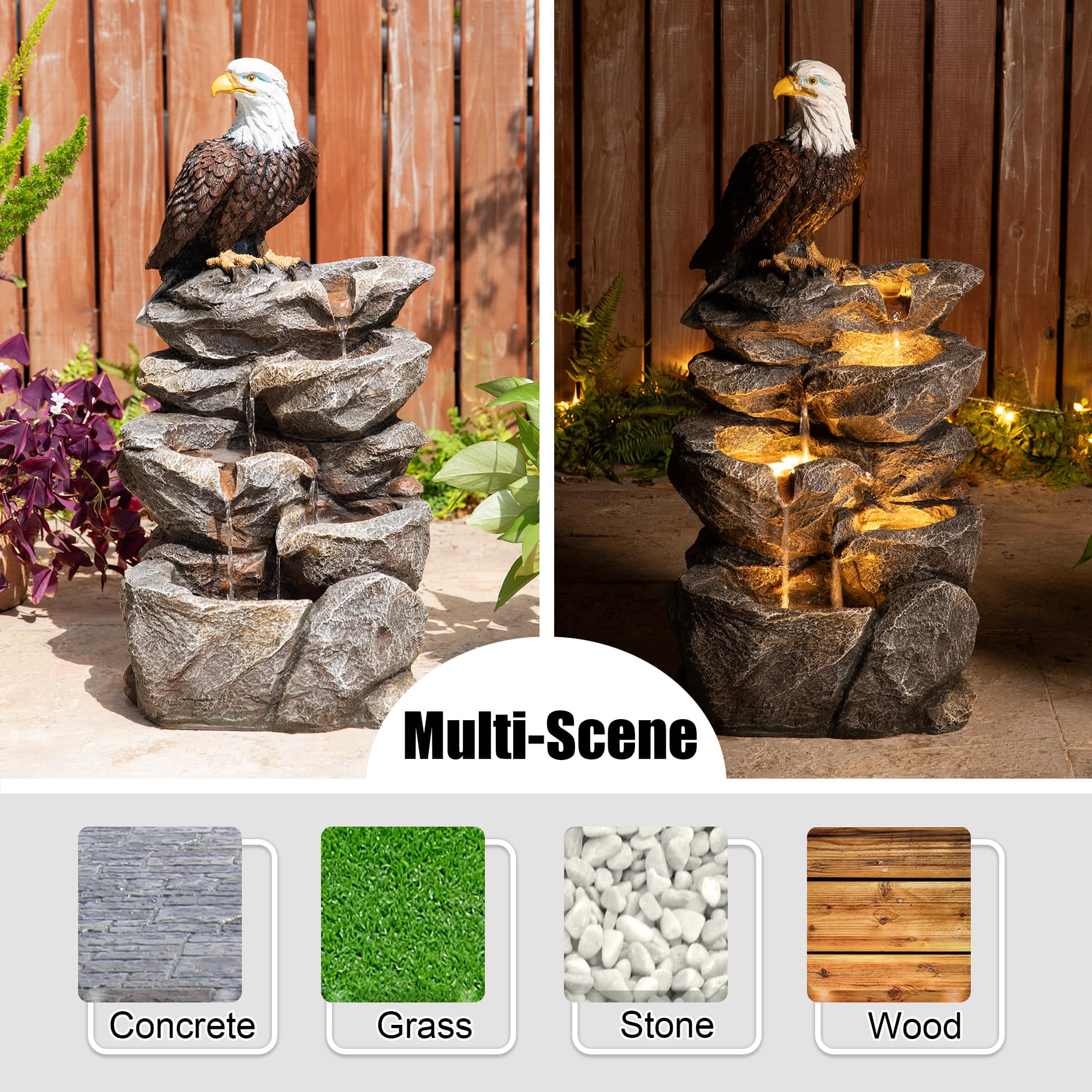 Glitzhome® 25.25" LED 4-Tier Bald Eagle Outdoor Fountain