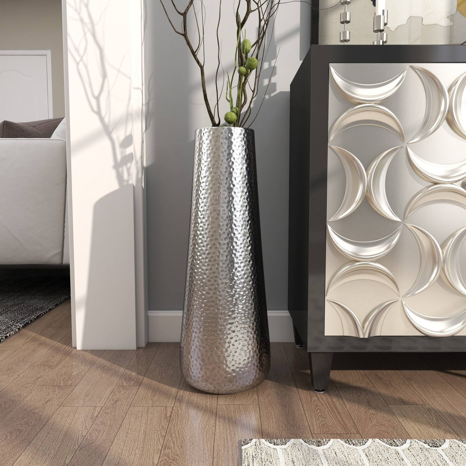 25" Silver Aluminum Tall Hammered Vase