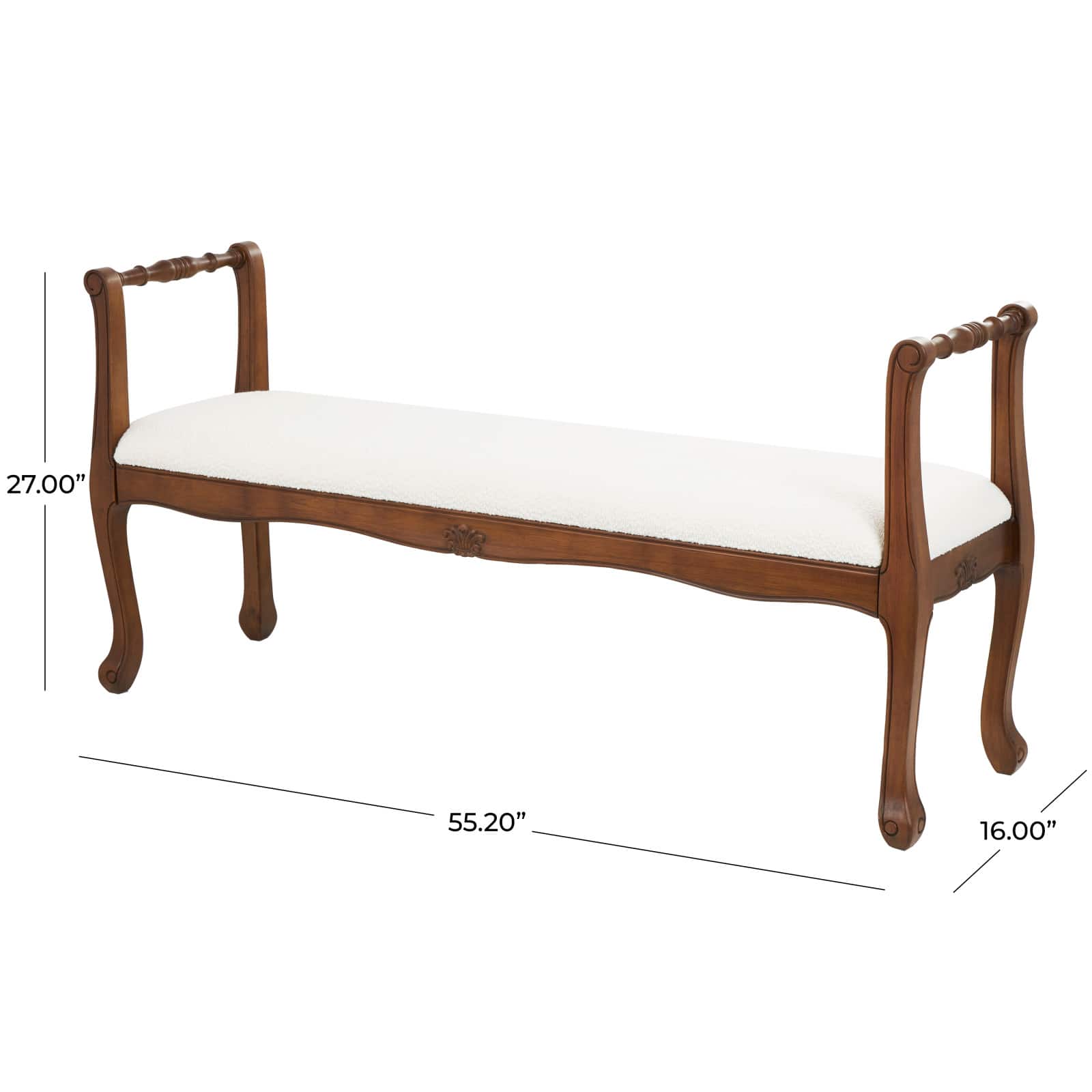 55" Cream Fabric Arm Bench with Brown Traditional Wood Turned Legs