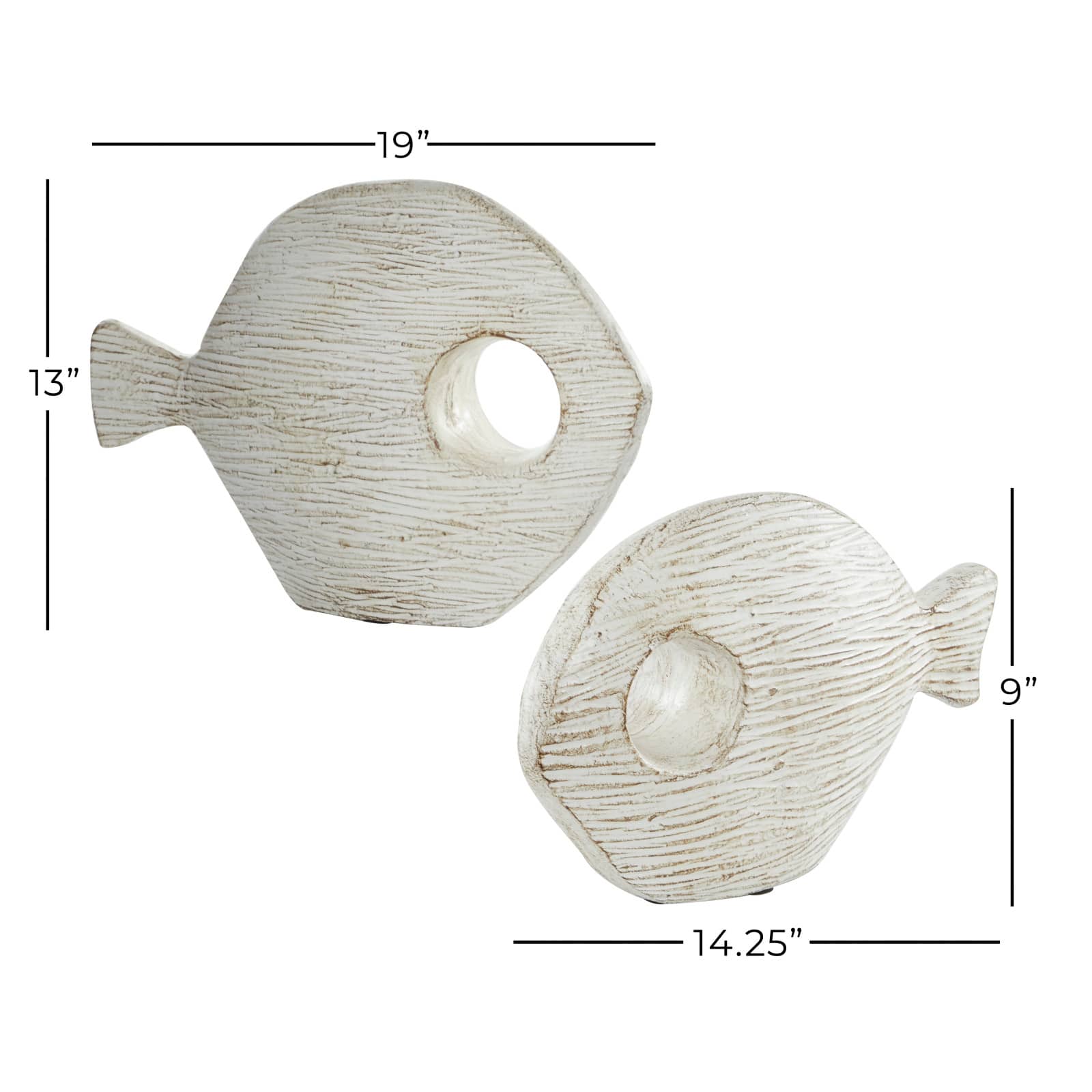 Set of 2 White Ceramic Coastal Fish Sculpture, 13", 9"