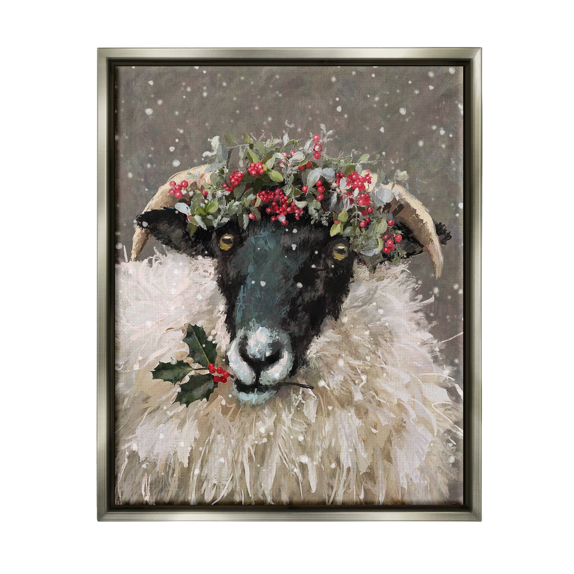 Stupell Industries Holiday Berries Farmhouse Sheep Framed Floater Canvas Wall Art