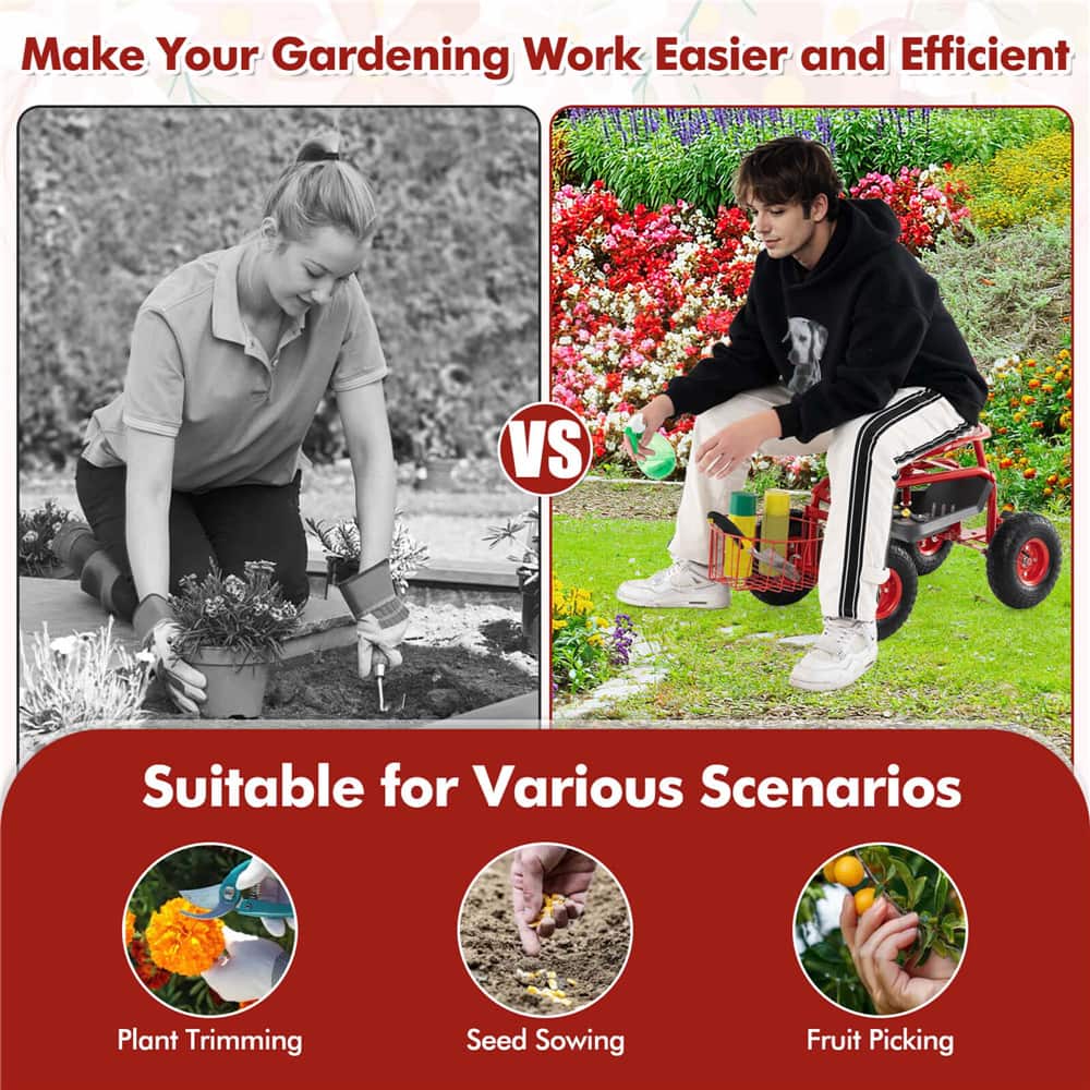 Costway Garden Cart Rolling Work Seat Wagon Scooter for Planting with Extendable Handle
