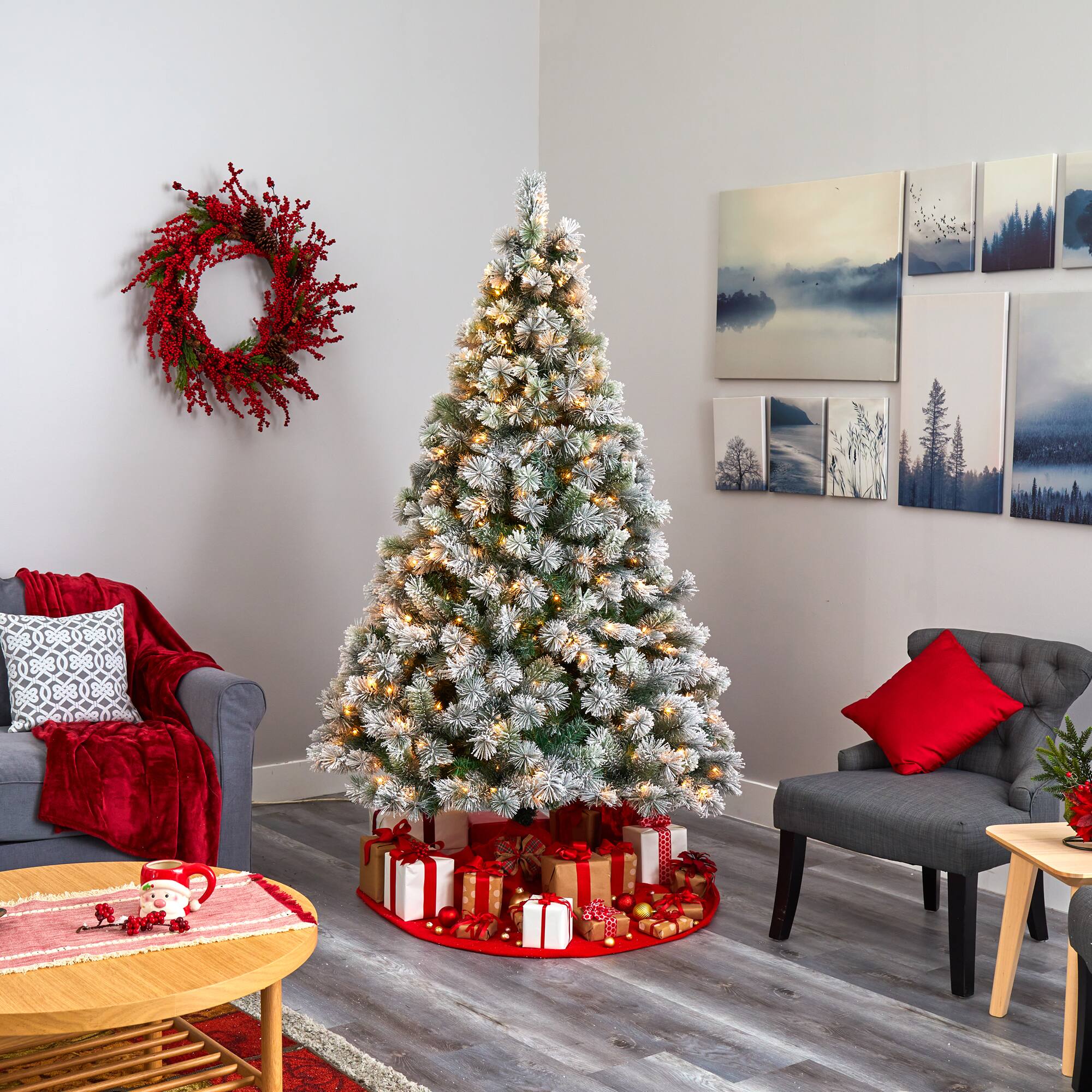 7ft. Pre-Lit Flocked Oregon Pine Artificial Christmas Tree, Clear LED Lights