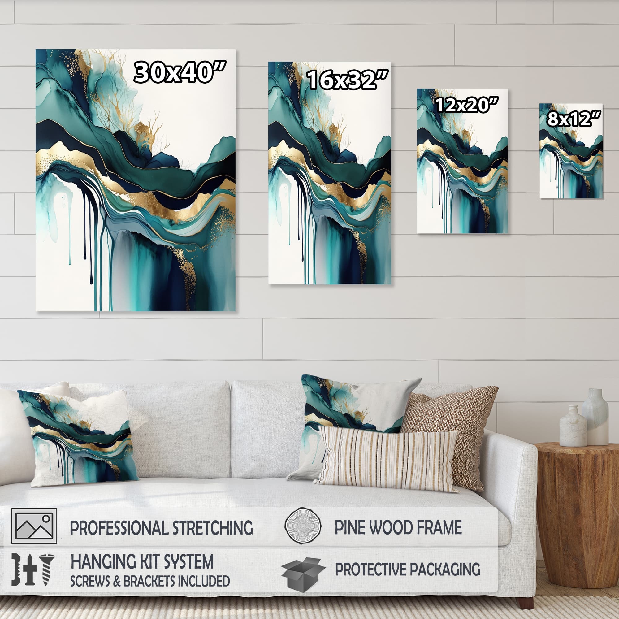 Designart 'Teal And Gold Abstract Expression IV' Modern Framed Canvas Wall Art