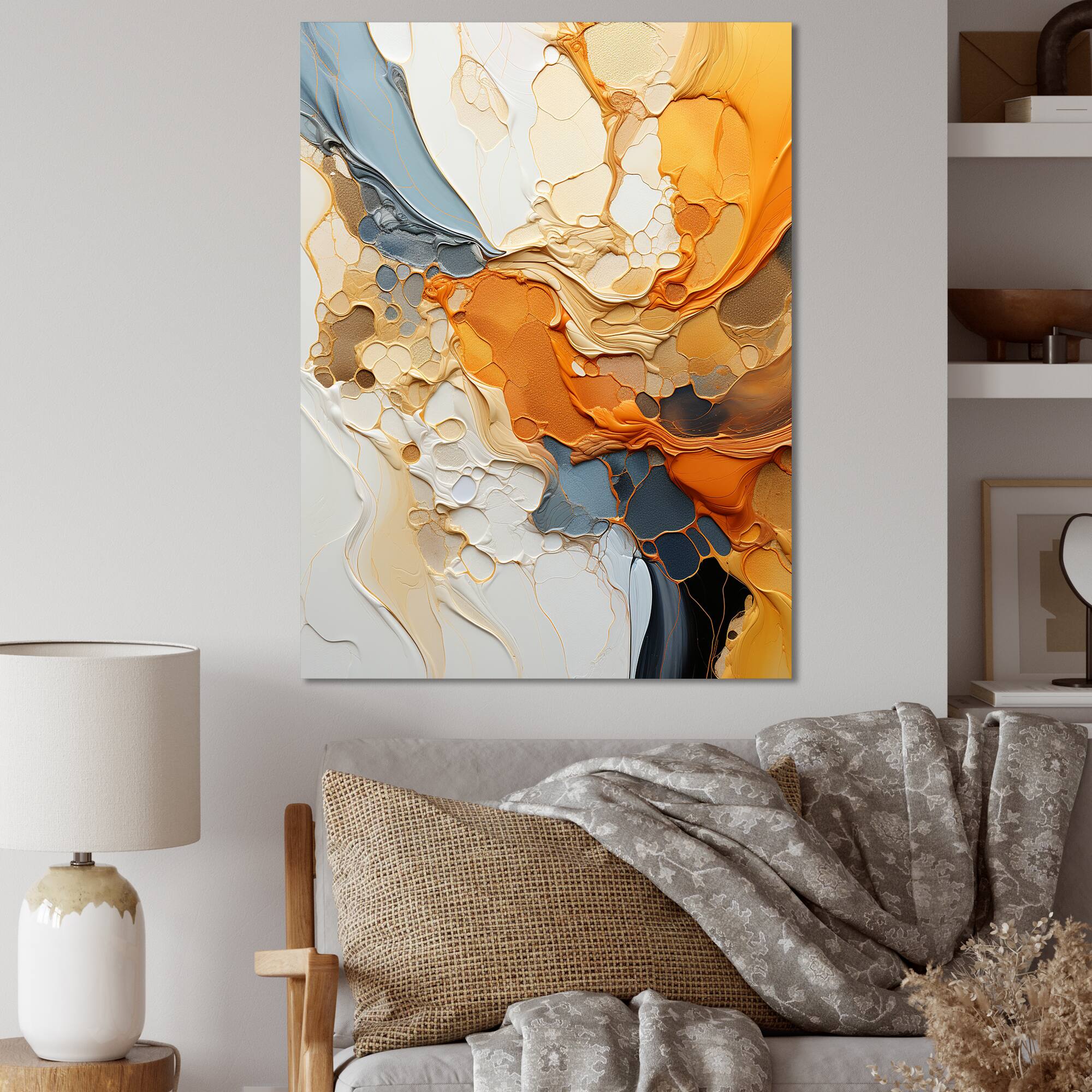 Designart "Orange Blue Line Art Abstract Expressionism" Line Art Wall Decor