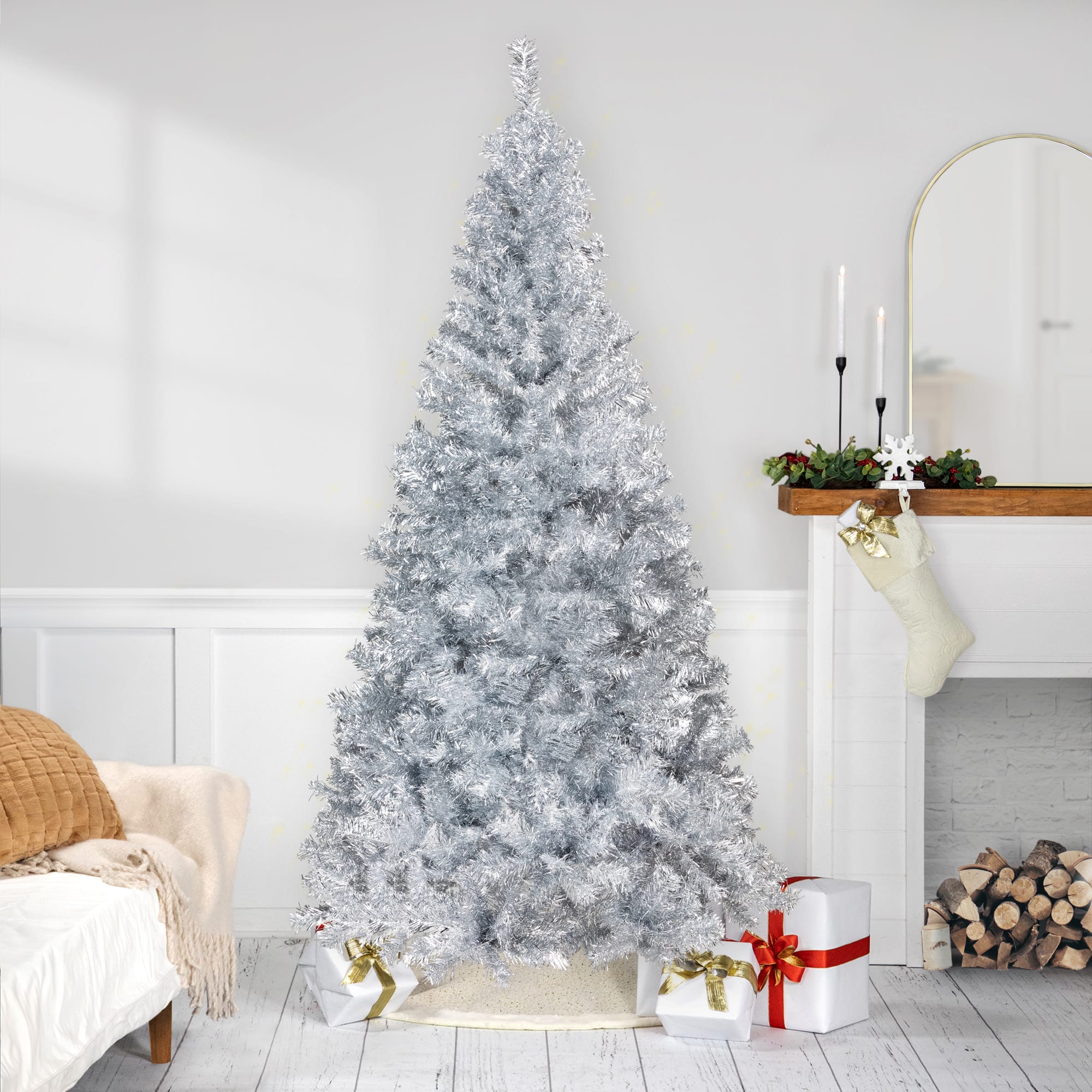 9ft. Unlit Silver Artificial Tinsel Christmas Tree