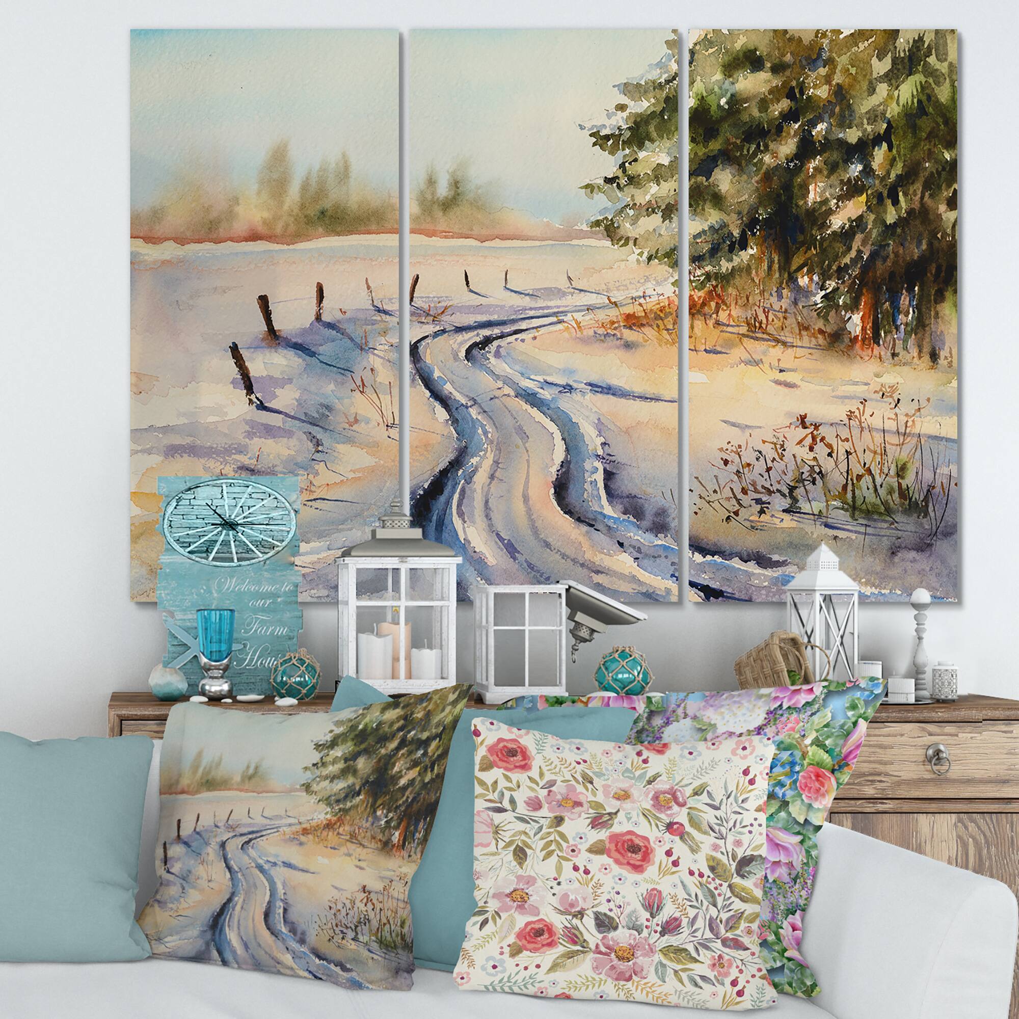 Designart - Snowy Winter Forest Landscape Country Road In Snow