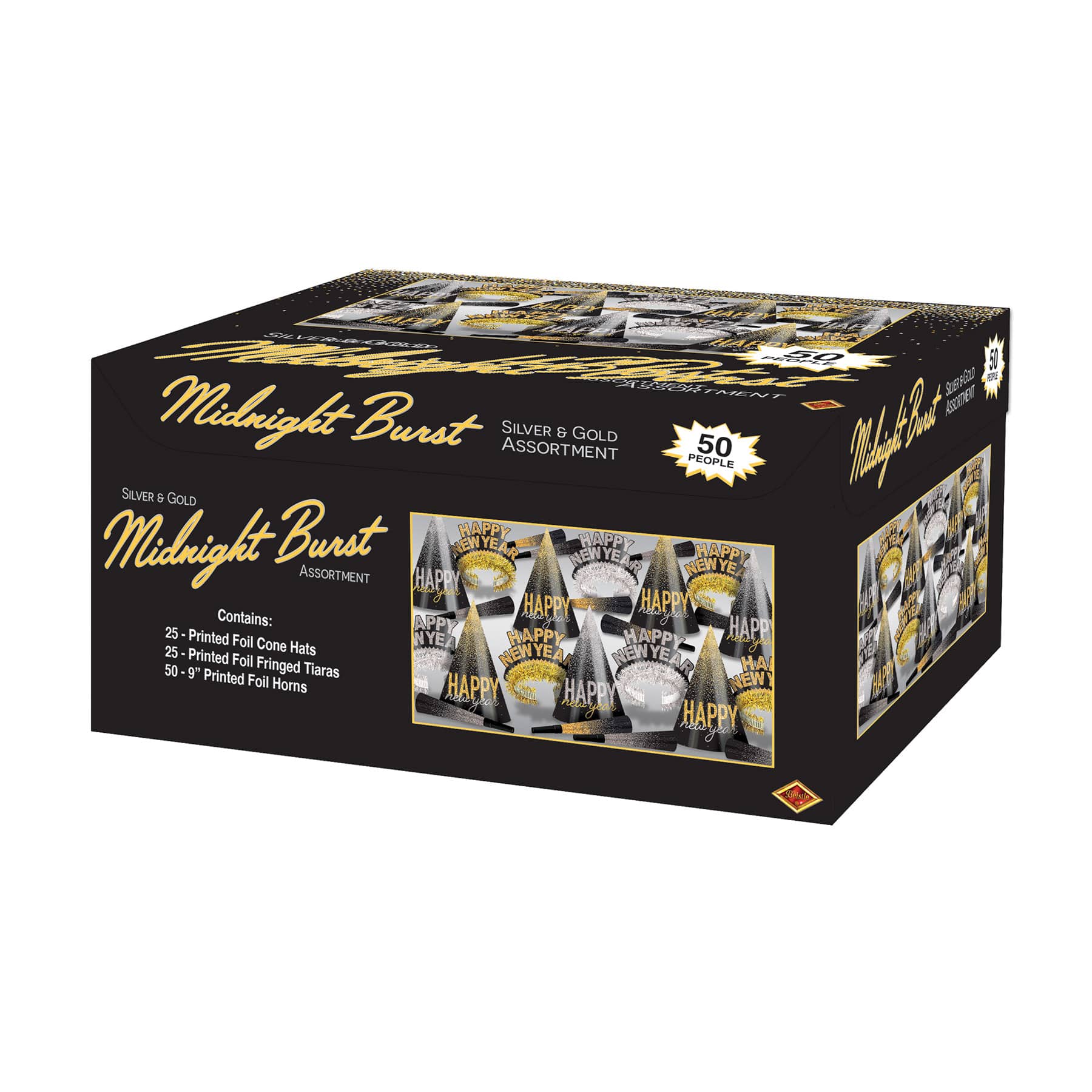 Beistle New Year Midnight Burst Silver & Gold Hats, Tiaras & Horns Kit