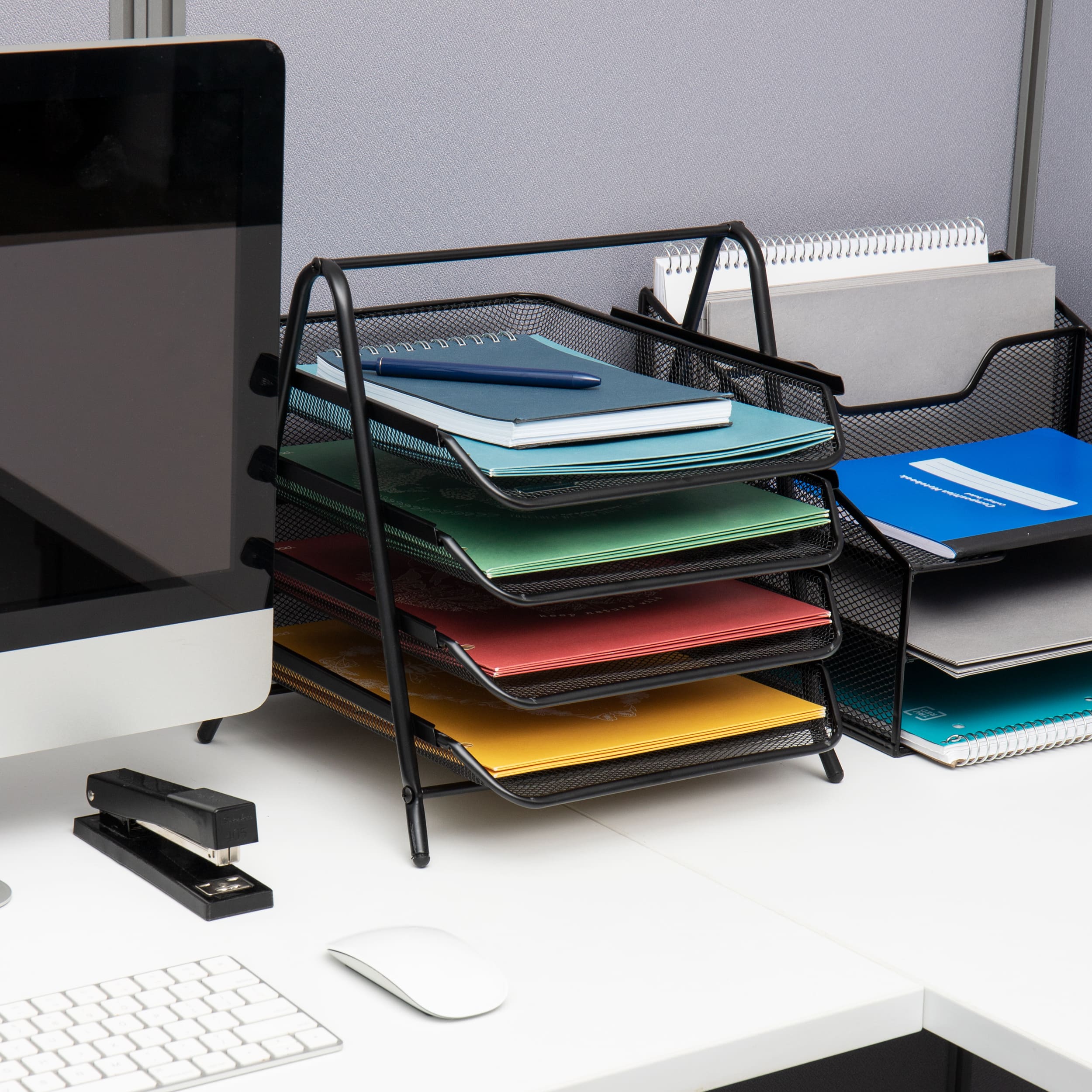 Mind Reader 4-Tier Paper Tray, Desktop Organizer, File Storage, Office, Metal Mesh, 12"L x 13.75"W x 12.5"H, Pack of 2, Black