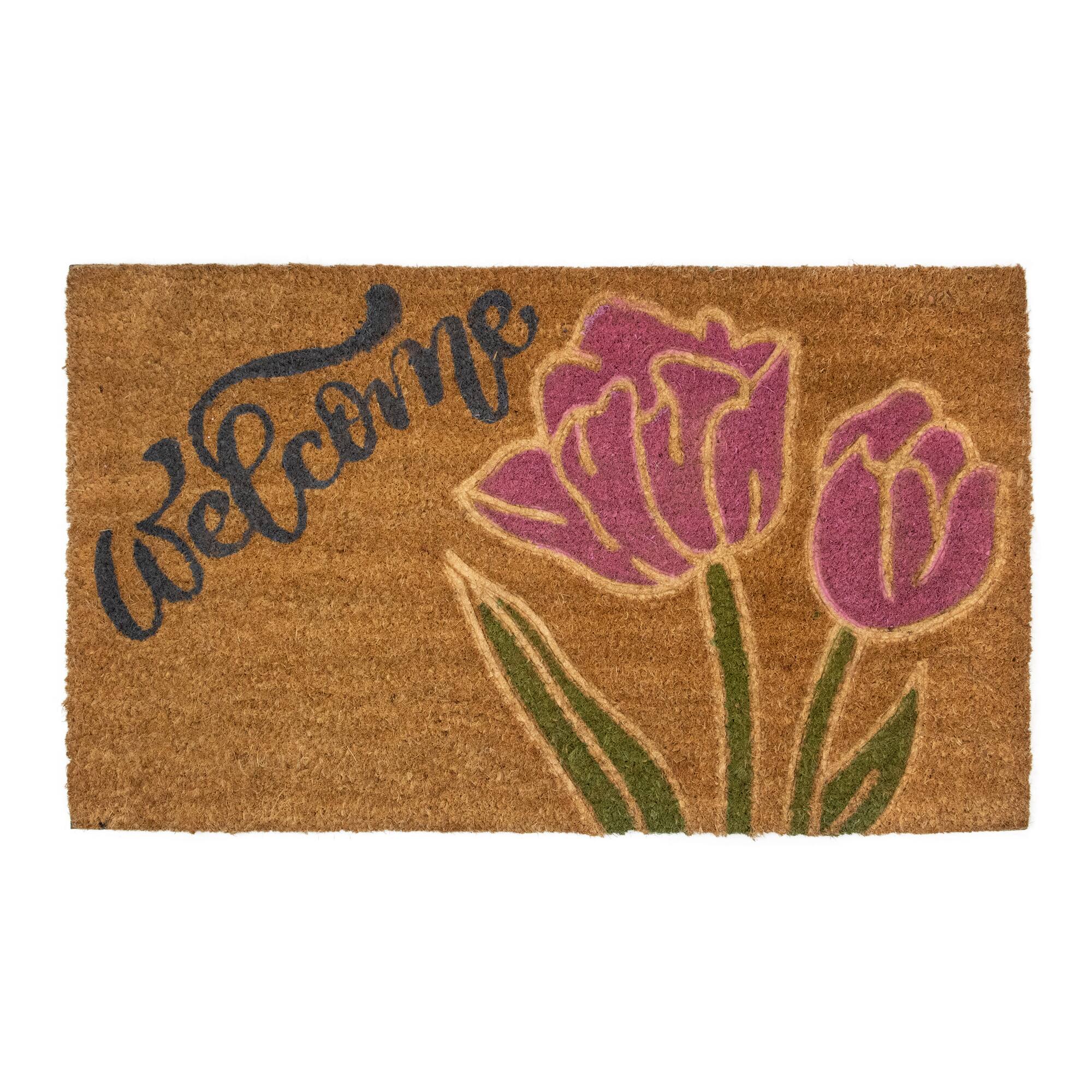 18" x 30" Natural Coir Floral Rectangular "Welcome" Doormat