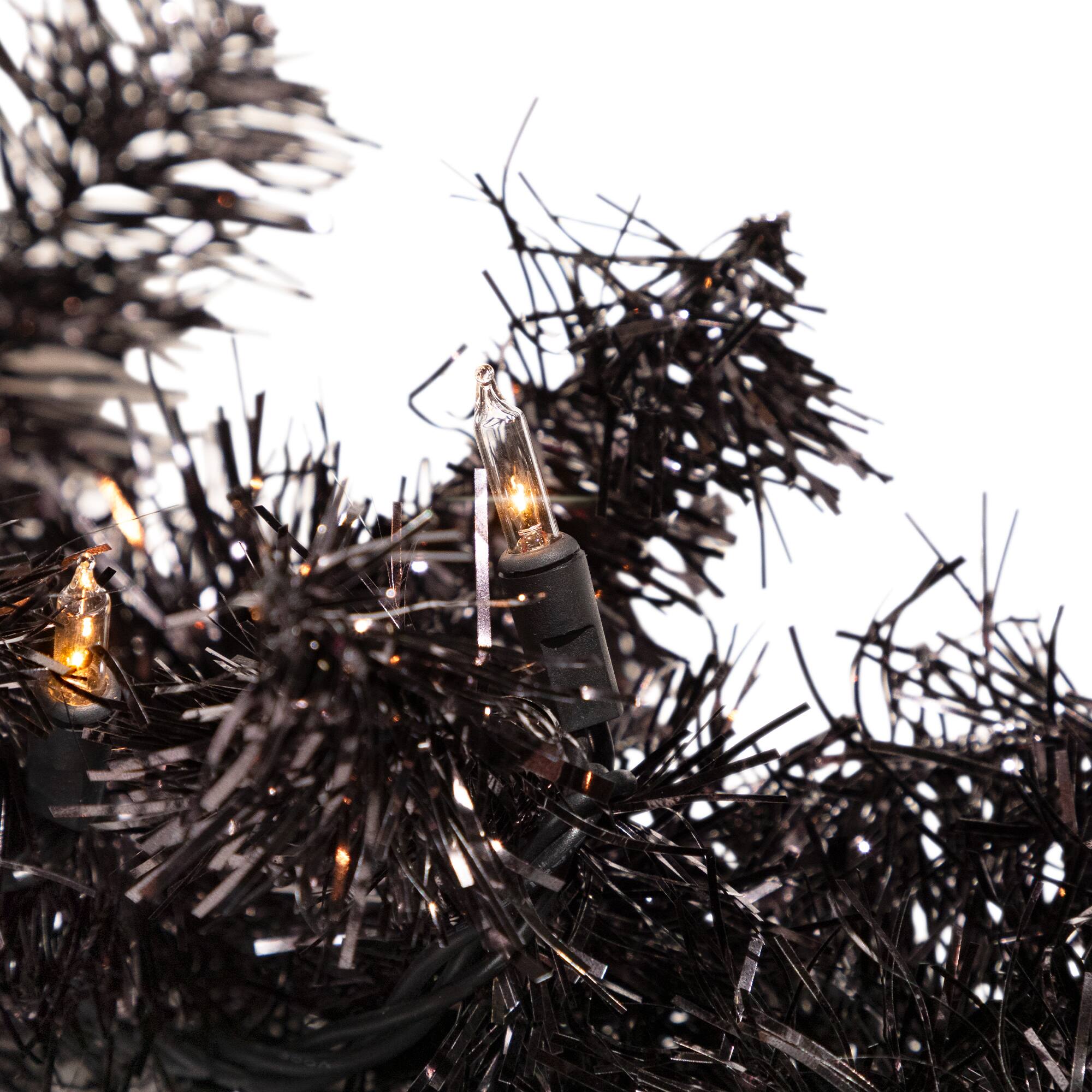 9ft. Pre-Lit Black Tinsel Garland, Clear Lights