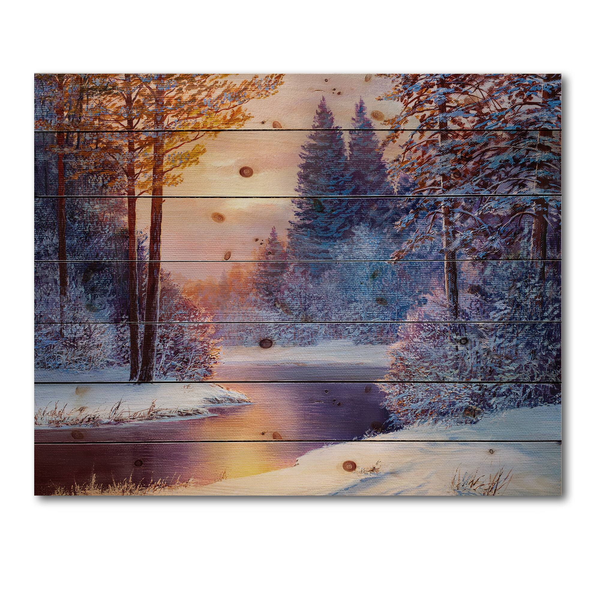 Designart - Winding River With Dark Blue Silhouettes of Trees