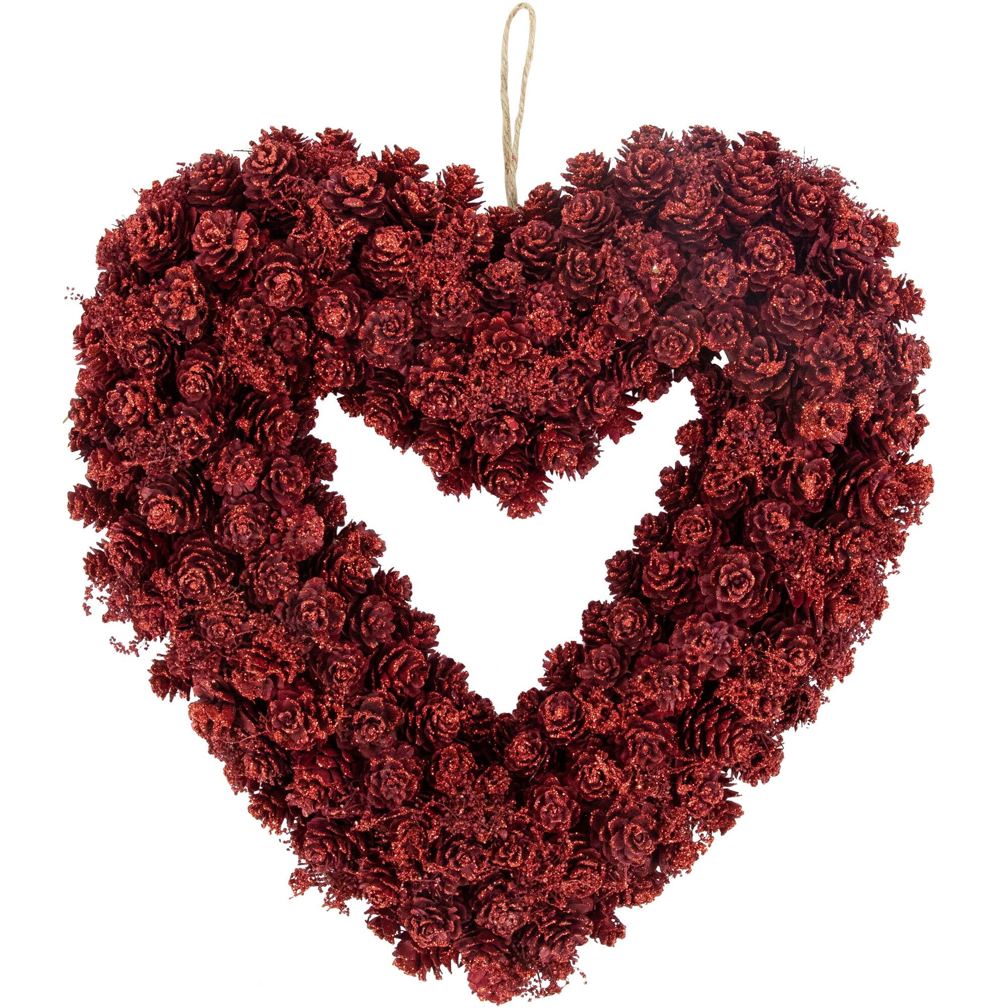 14" Red Valentine's Day Wooden Pinecone Rose Heart Wreath