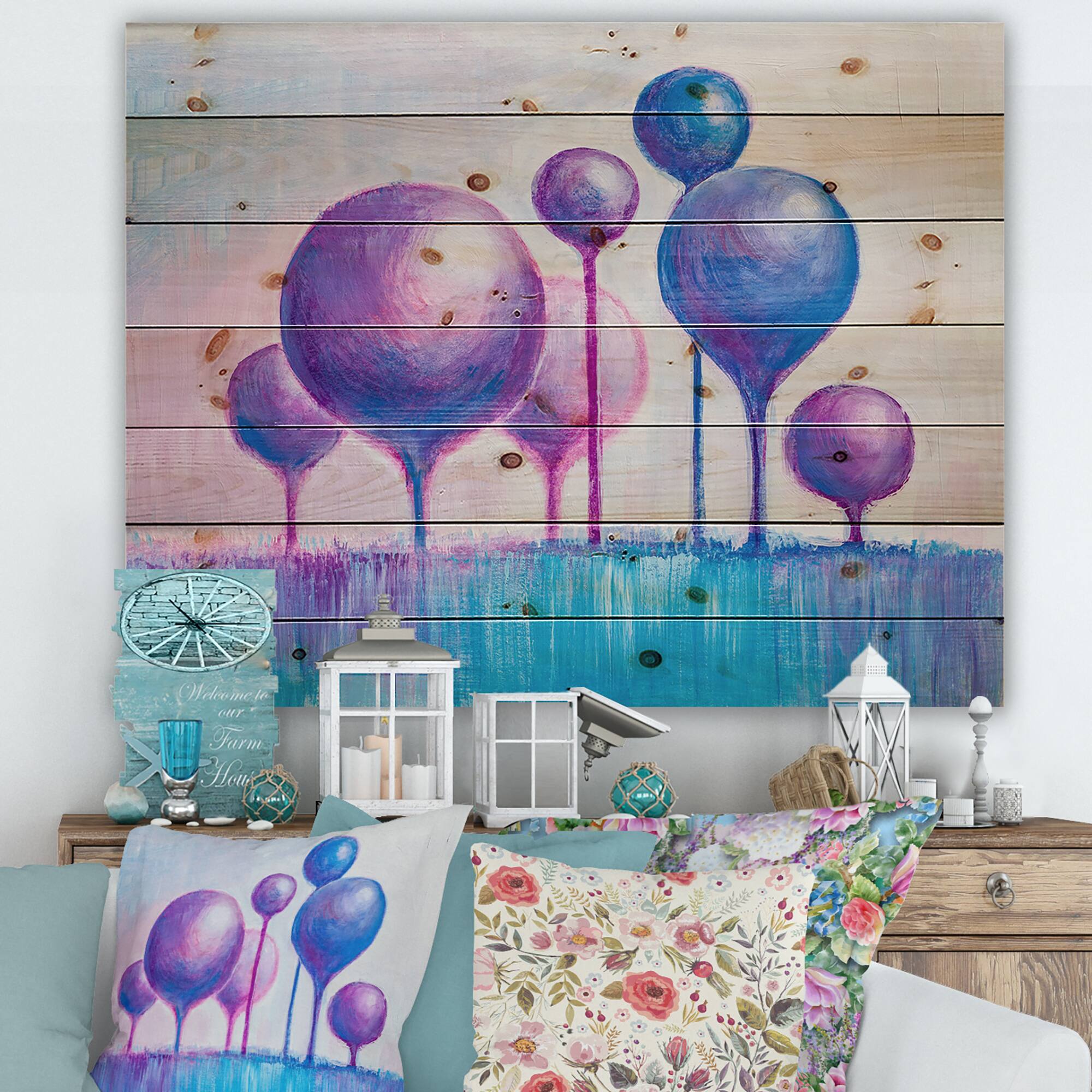 Designart - Colourful Ornamental Trees I - Modern Print on Natural Pine Wood