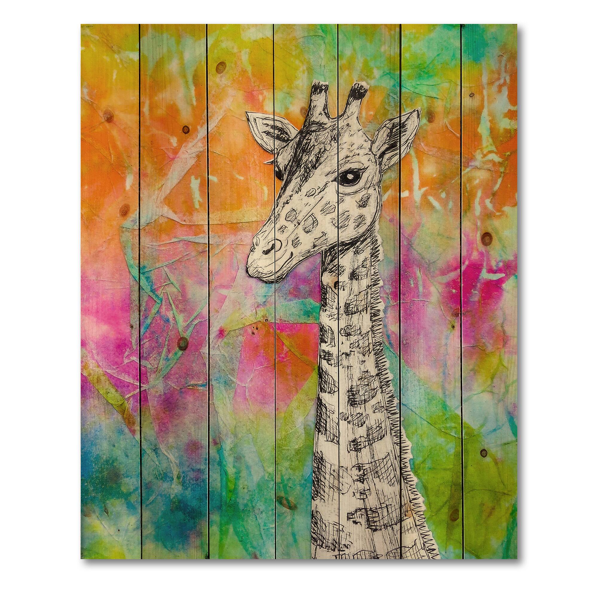 Designart - White Giraffe Drawing On Bright Rainbow - Children's Art Print on Natural Pine Wood