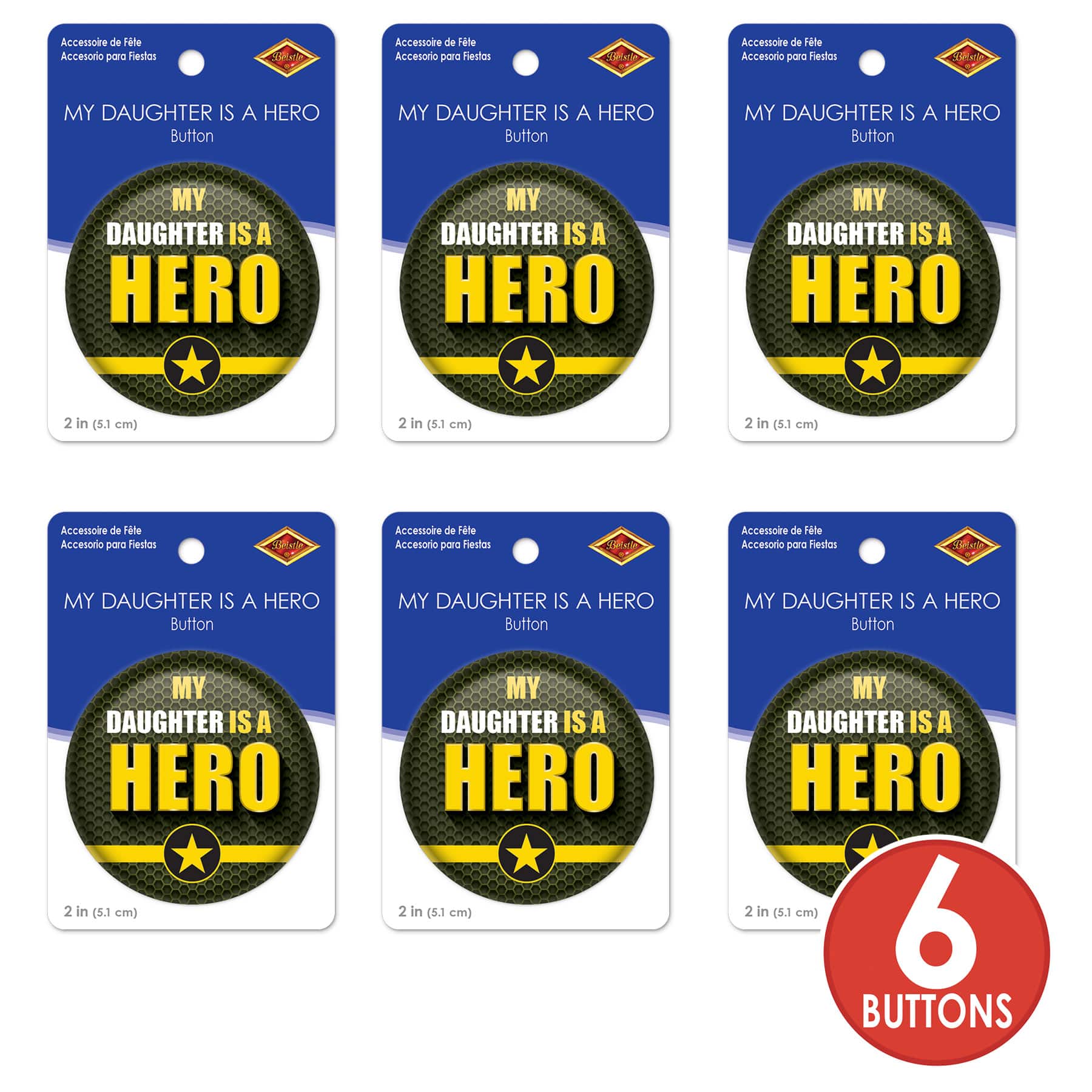 Beistle 2" Green & Yellow My Daughter Is A Hero Buttons, 6ct.