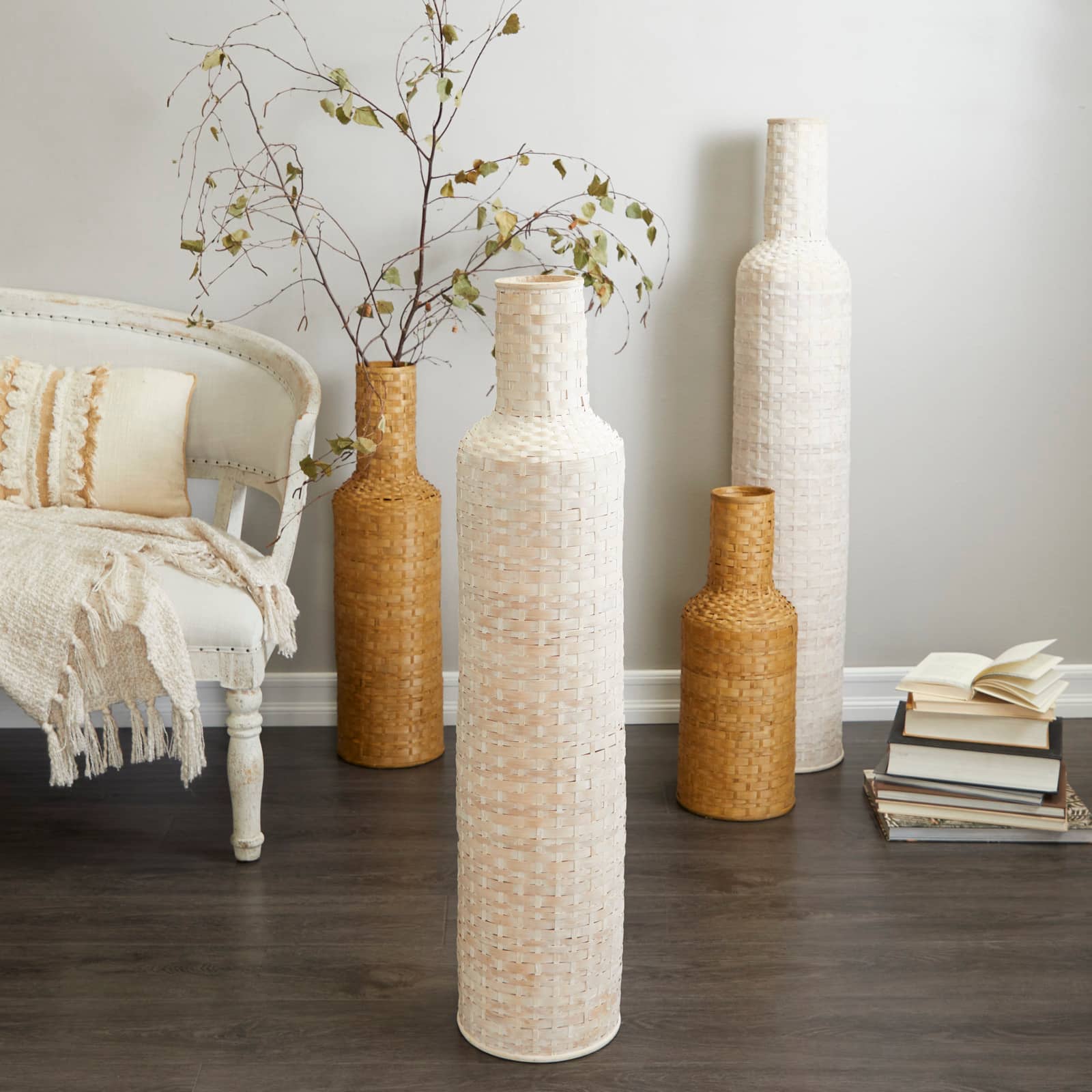 White Bamboo Tall Woven Floor Vase 9" x 9" x 39"