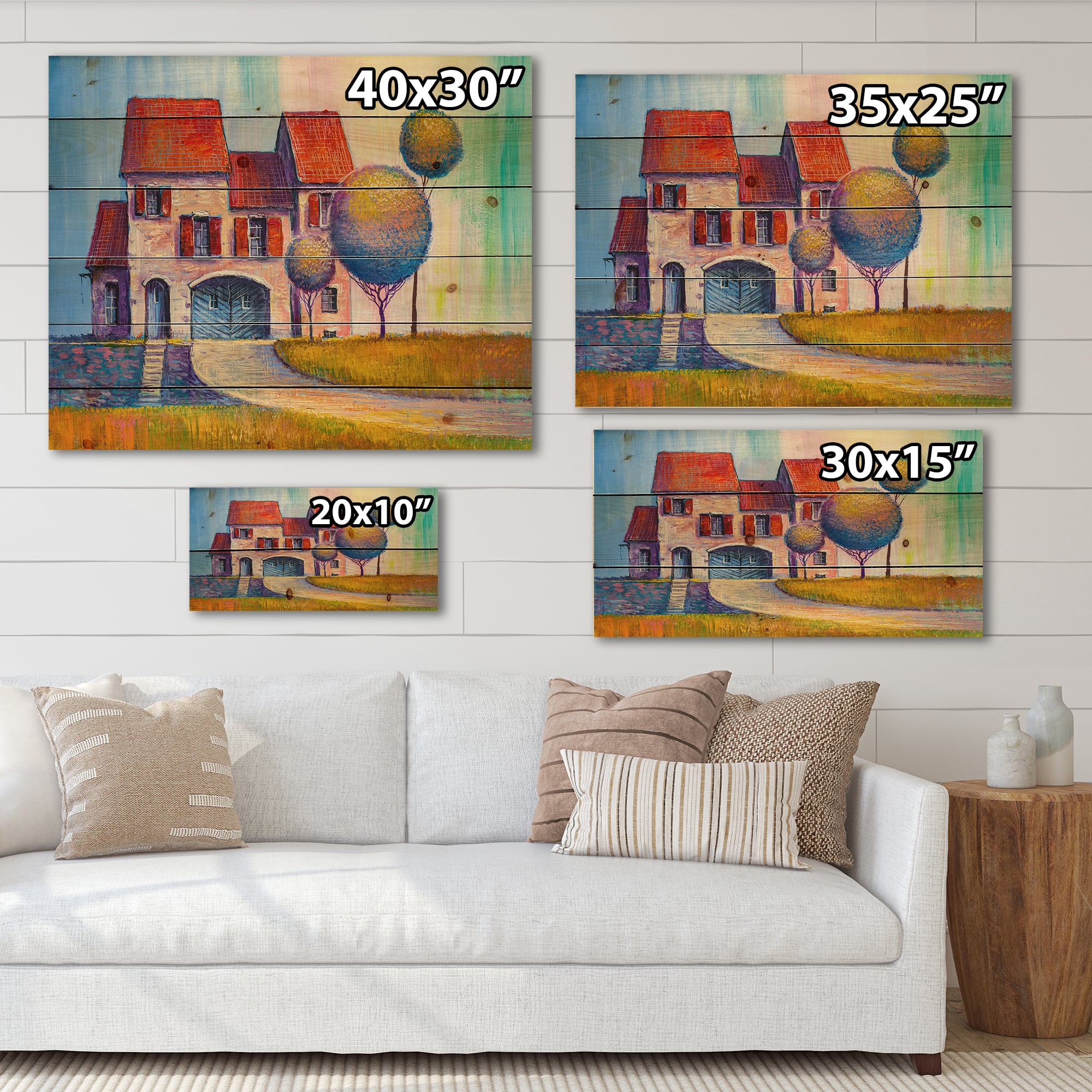 Designart - House With Red Roof In The Village - Modern Print on Natural Pine Wood