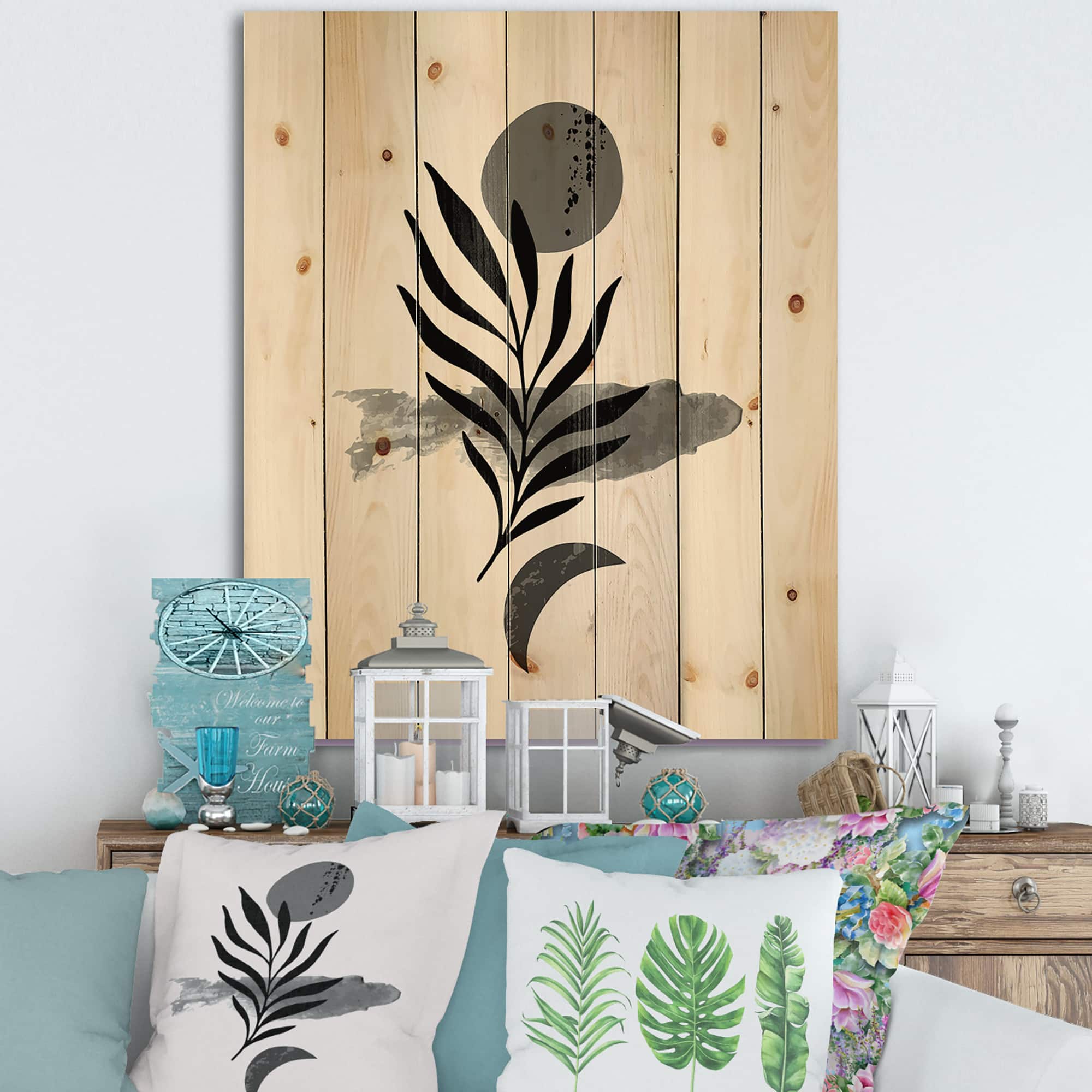 Designart - Abstract Tropical Leaf II - Modern Print on Natural Pine Wood