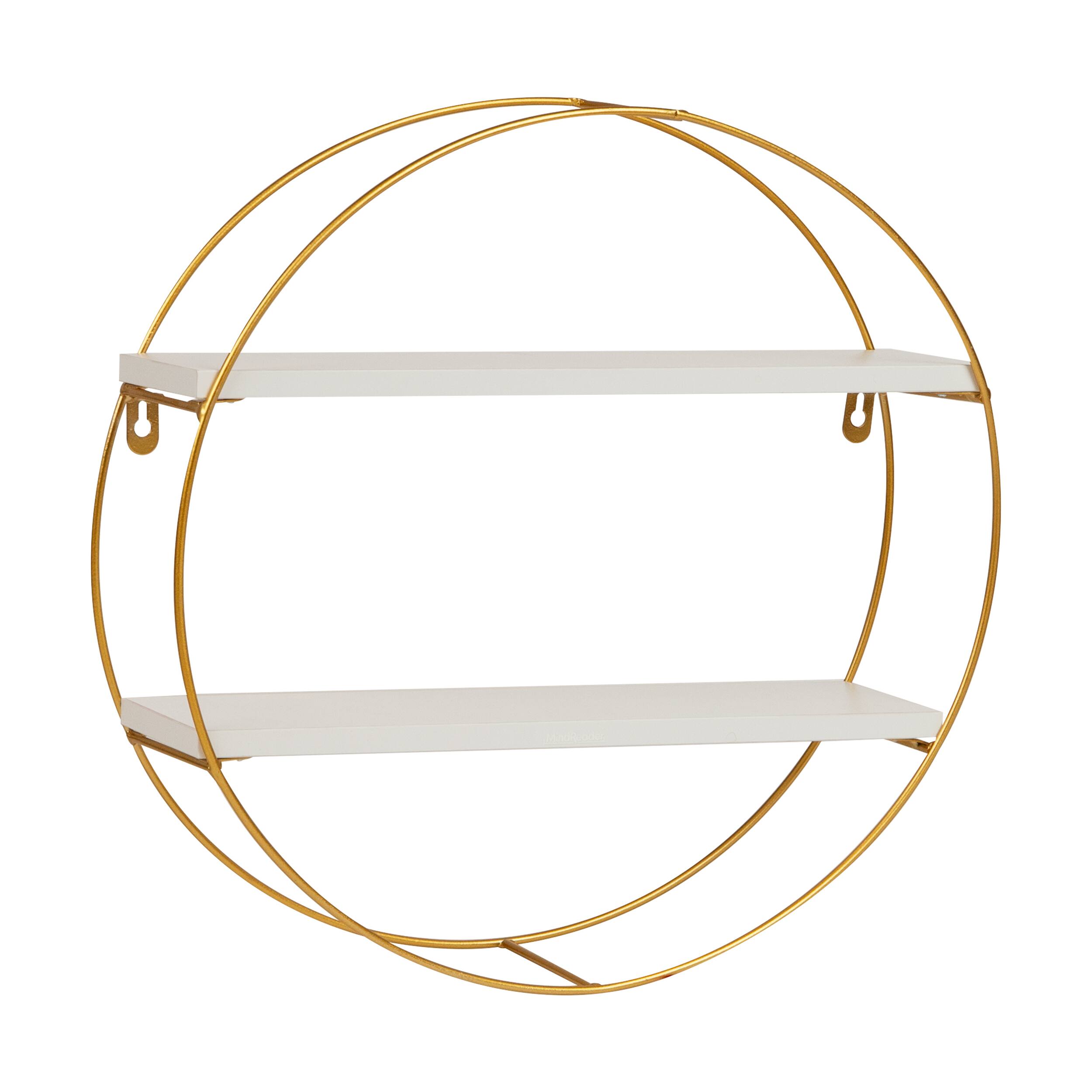 Mind Reader Floating Round Wall Shelves, Gold Metal Frame with Dual White Display Shelves, White