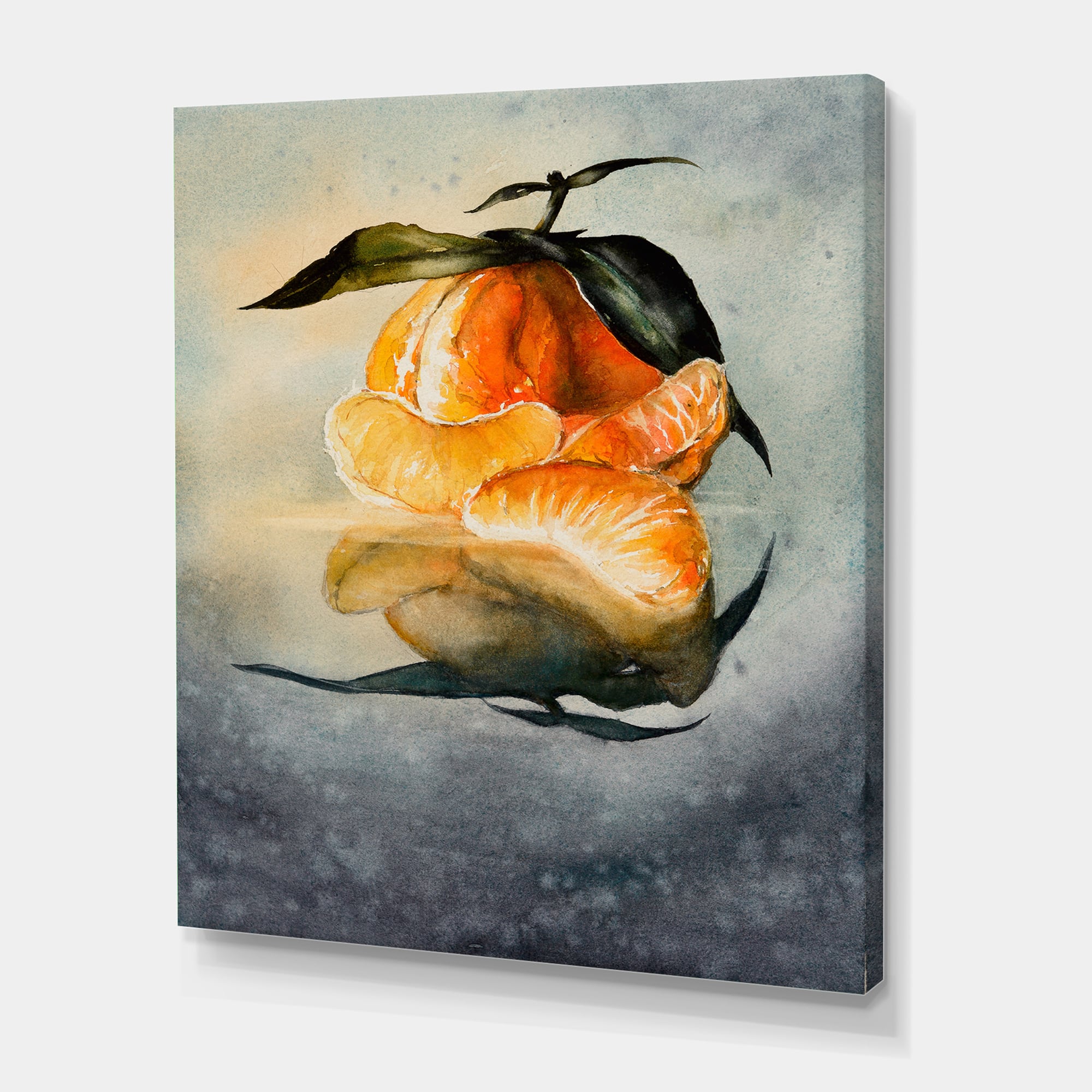 Designart - One Peeled Fresh Orange Mandarin With Green Leaves - Traditional Canvas Wall Art Print