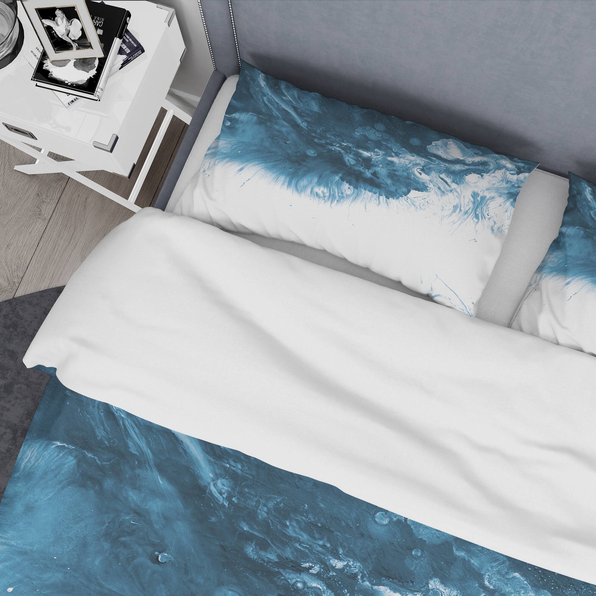 Designart 'Blue and White Marble Acrylic' Mid-Century Modern Bedding Set - Duvet Cover & Shams