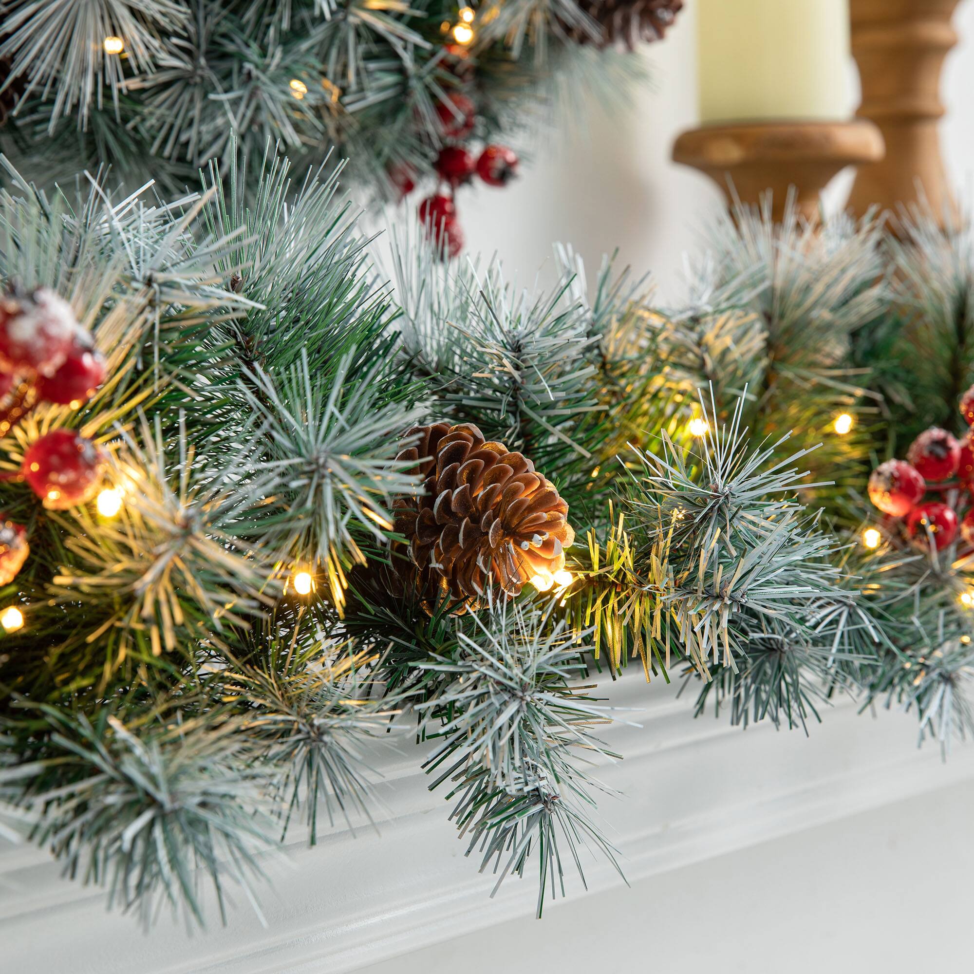 Glitzhome® 2 Pack 9ft. Pre-Lit Greenery Pinecones & Red Berries Christmas Garland