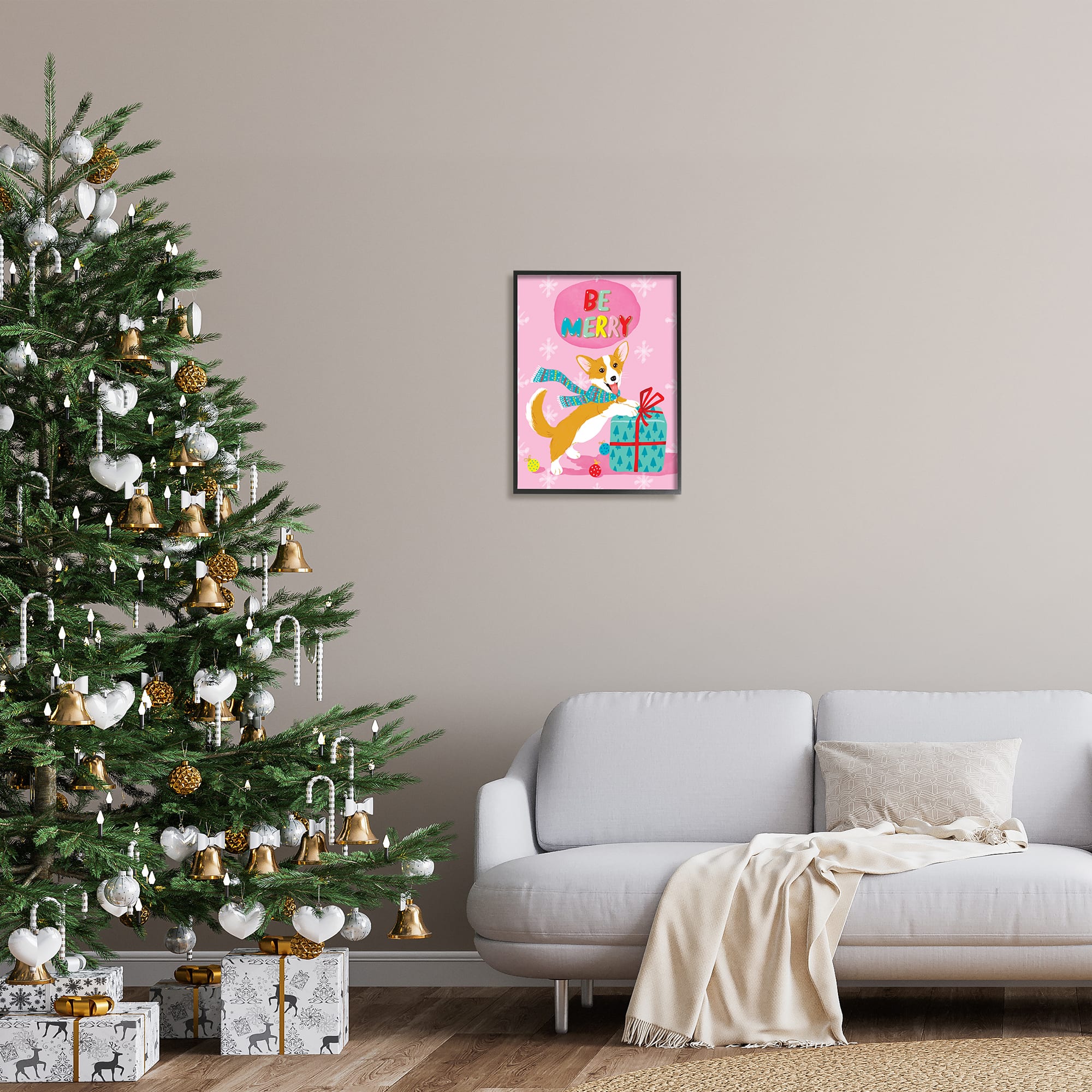 Stupell Industries Be Merry Smiling Puppy Gift Framed Giclee Art