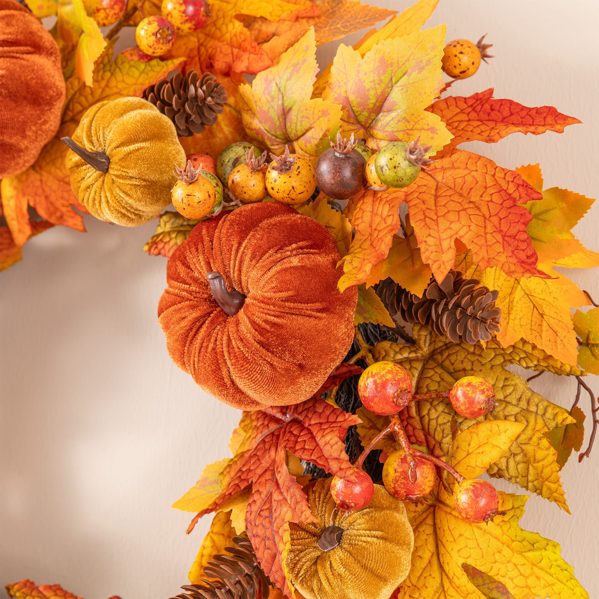Glitzhome® 24" Fall Velvet Pumpkin, Pinecone & Berry Wreath with Black Metal Wreath Hanger