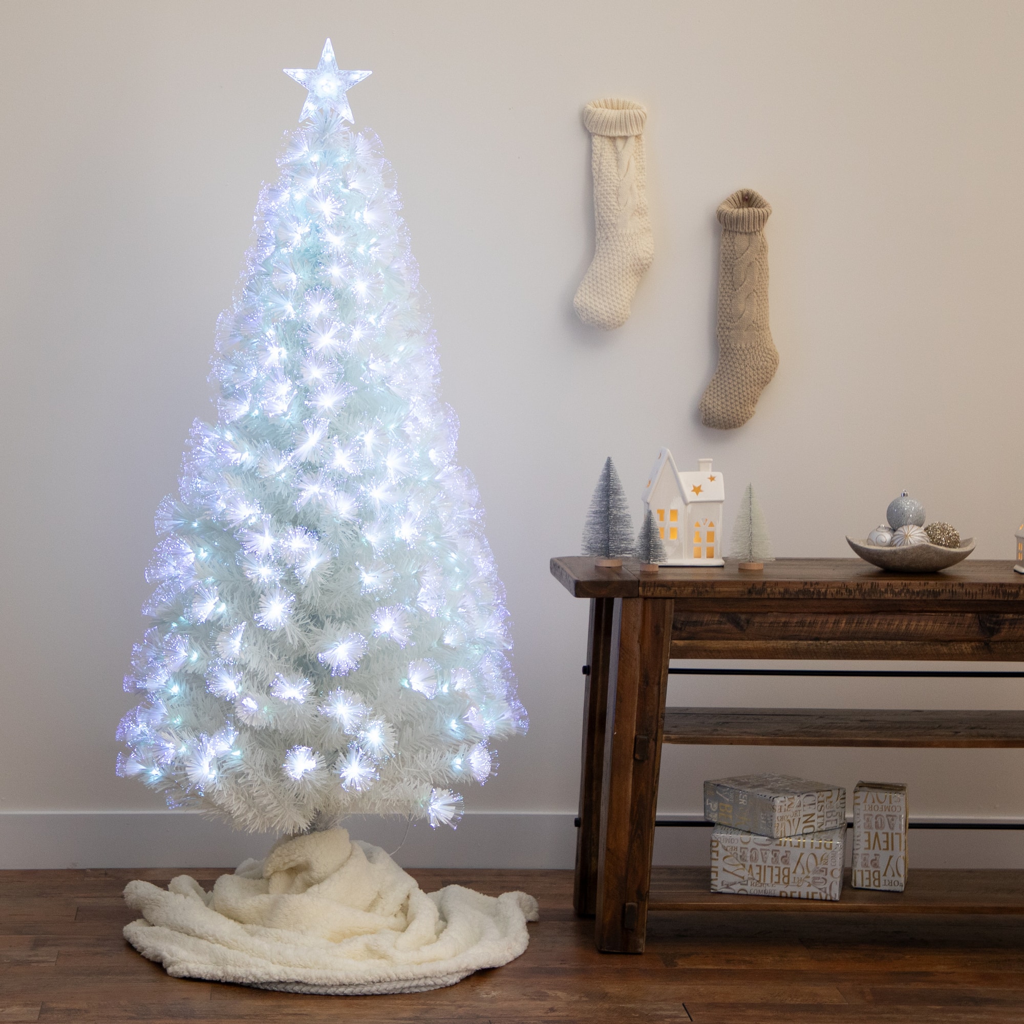 6ft. Pre-Lit Fiber Optic Color Changing Lights White Artificial Christmas Tree with Star Tree Topper