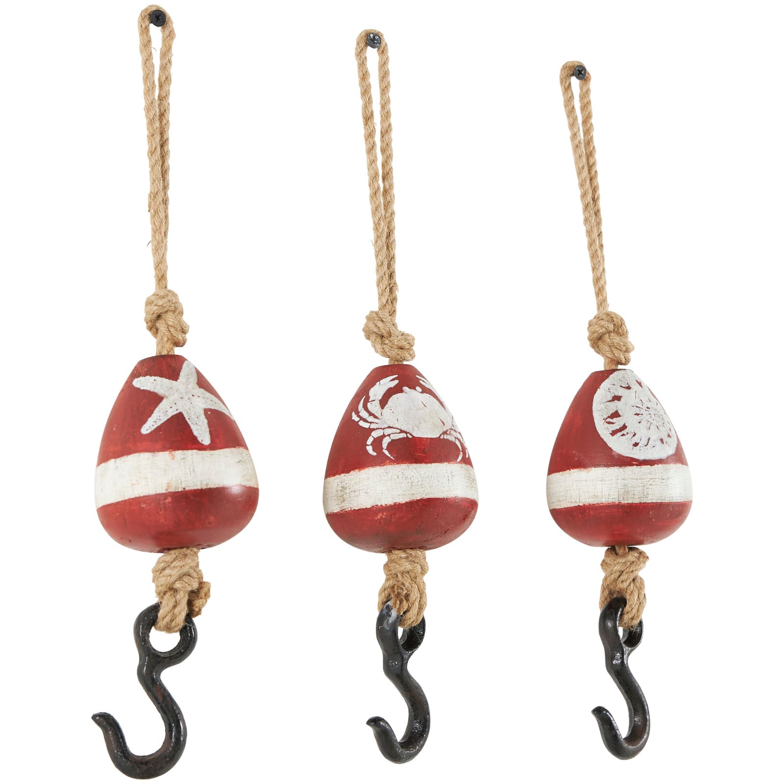 Red Wood Buoy Wall Hook with Jute Rope and Metal Hook Set