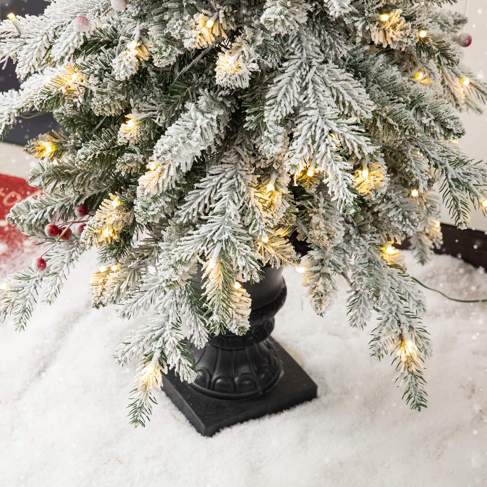 2 Pack 5ft. Pre-Lit Flocked Fir Artificial Christmas Porch Tree in Planter, Warm White Lights